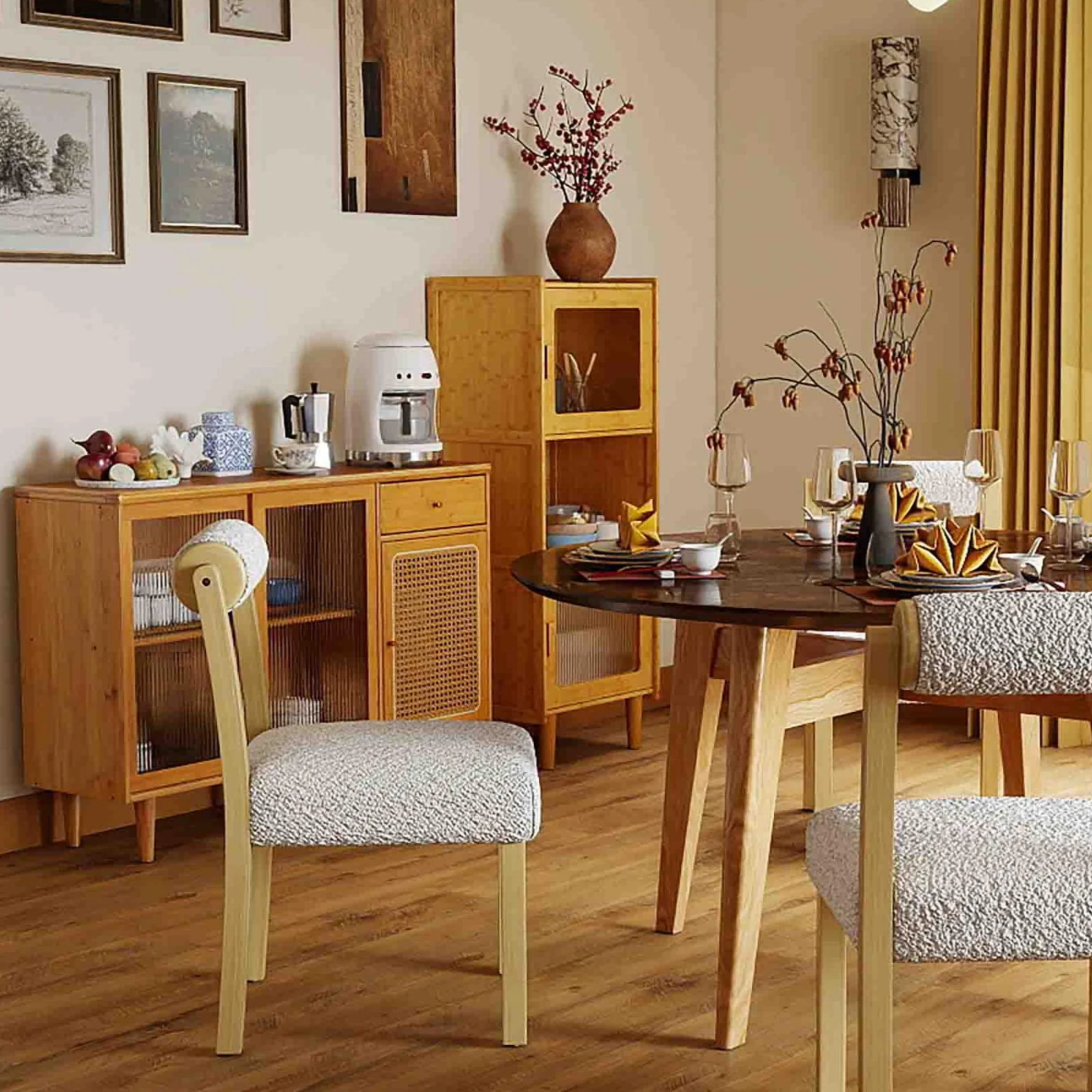 3-Piece Modern Dining Room Set: Wooden Dining Chairs + Bamboo Sideboard Cabinet + Tall Storage Cabinet, Natural - Image 4
