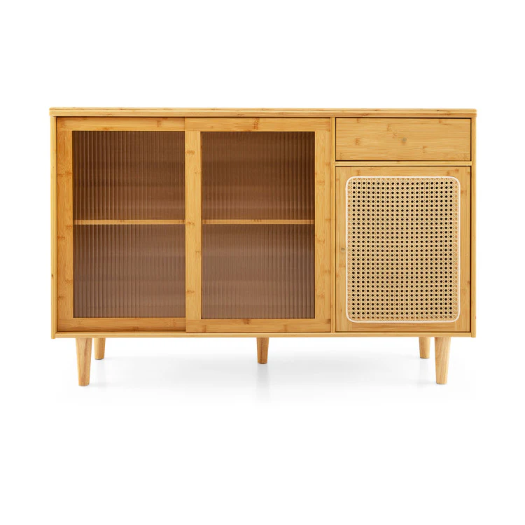 3-Piece Modern Dining Room Set: Wooden Dining Chairs + Bamboo Sideboard Cabinet + Tall Storage Cabinet, Natural - Image 6