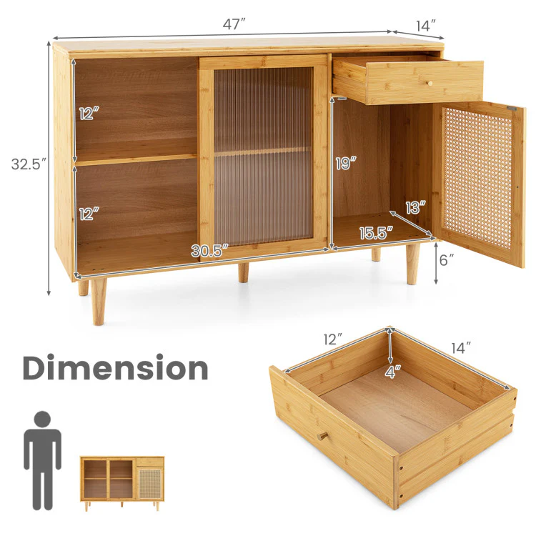 3-Piece Modern Dining Room Set: Wooden Dining Chairs + Bamboo Sideboard Cabinet + Tall Storage Cabinet, Natural - Image 9