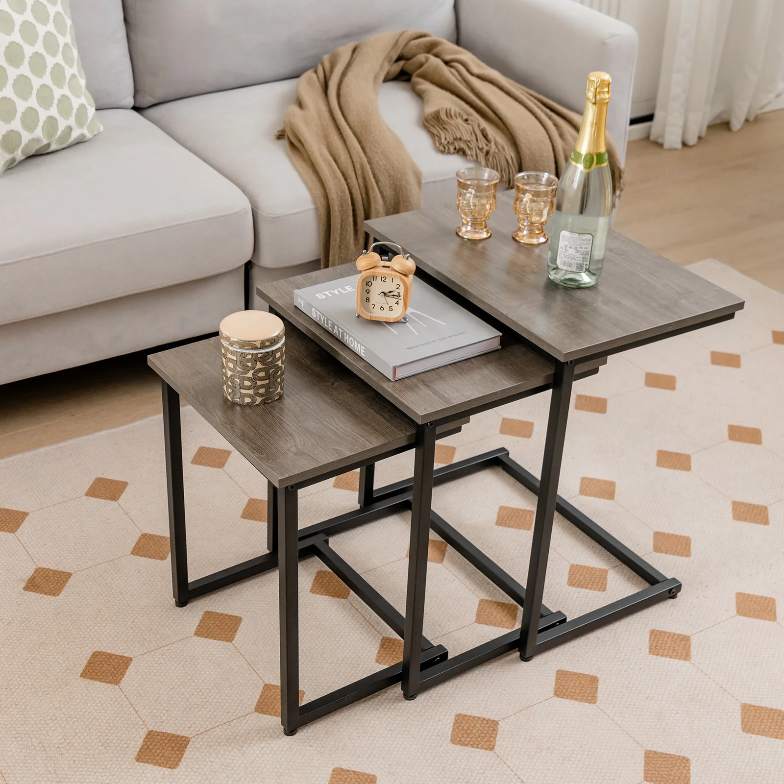 3 Piece Multifunctional Coffee End Table Set, Oak - Image 2