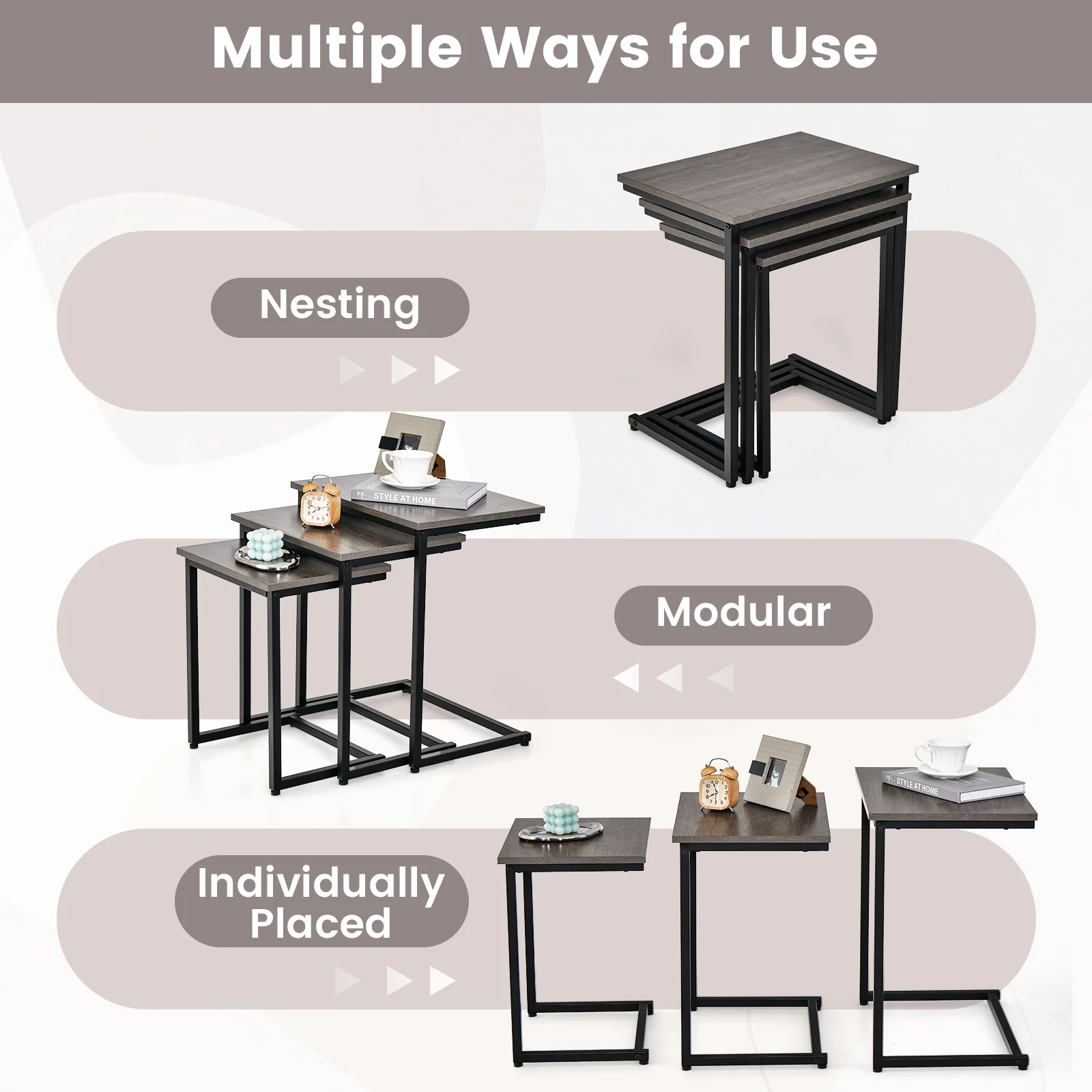 3 Piece Multifunctional Coffee End Table Set, Oak - Image 8