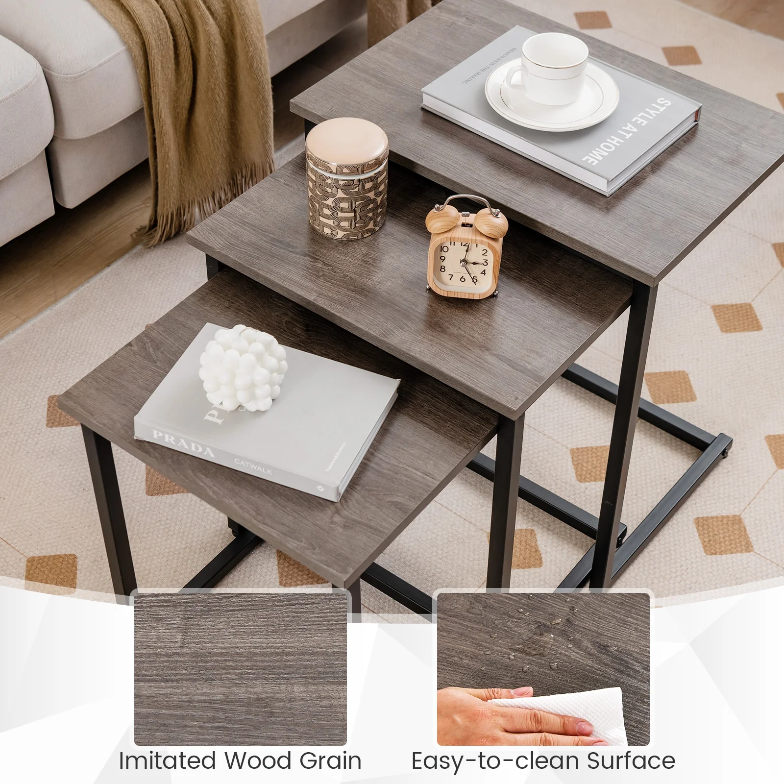 3 Piece Multifunctional Coffee End Table Set, Oak - Image 9