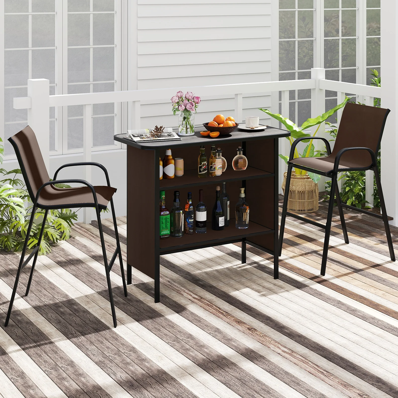 3 Piece Outdoor Bar Set, Footrest, 2-Tier Shelf - Image 3