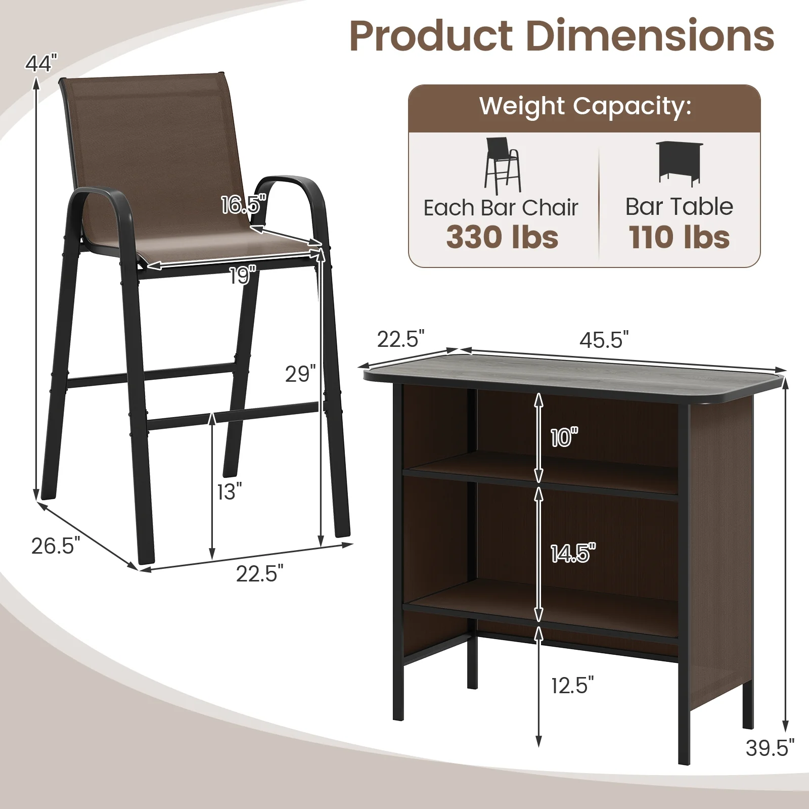3 Piece Outdoor Bar Set, Footrest, 2-Tier Shelf - Image 6
