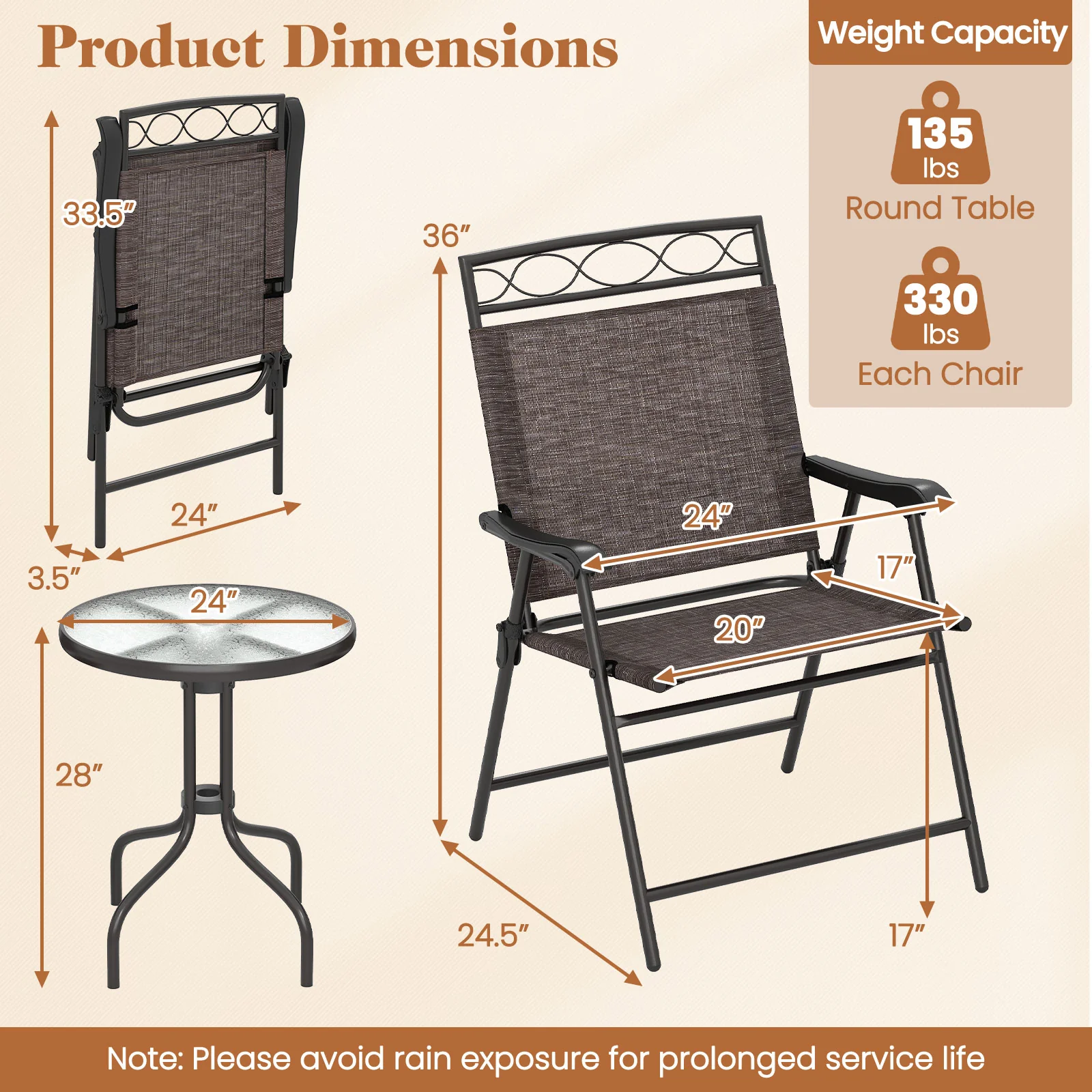 3 Piece Outdoor Bistro Set, 1.57 Inch Umbrella Hole, Brown - Image 5
