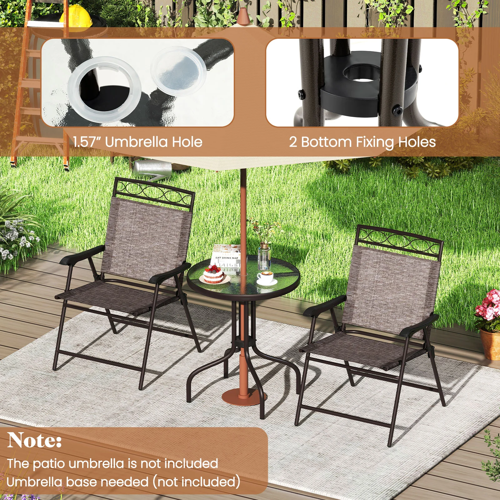 3 Piece Outdoor Bistro Set, 1.57 Inch Umbrella Hole, Brown - Image 9