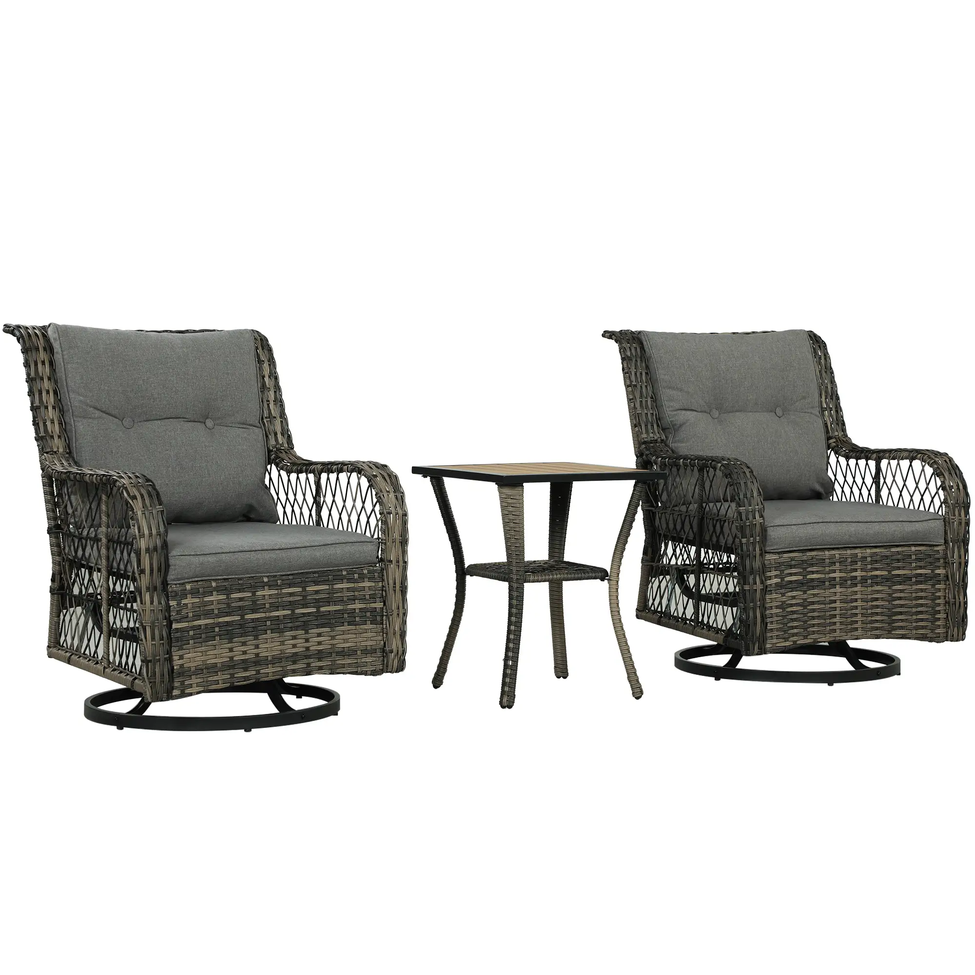 3 Piece Outdoor Bistro Set, Wicker Swivel Glider Chairs, Grey