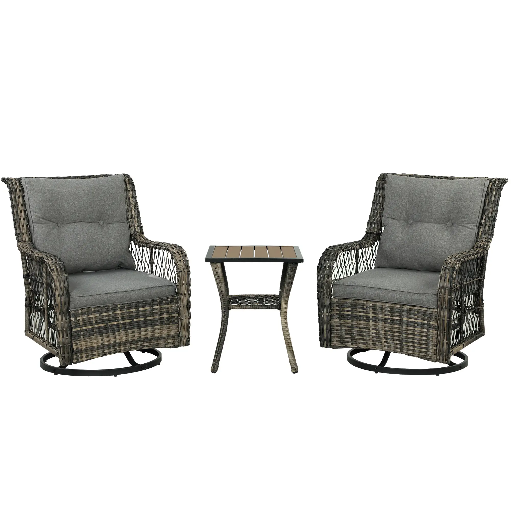 3 Piece Outdoor Bistro Set, Wicker Swivel Glider Chairs, Grey - Image 11