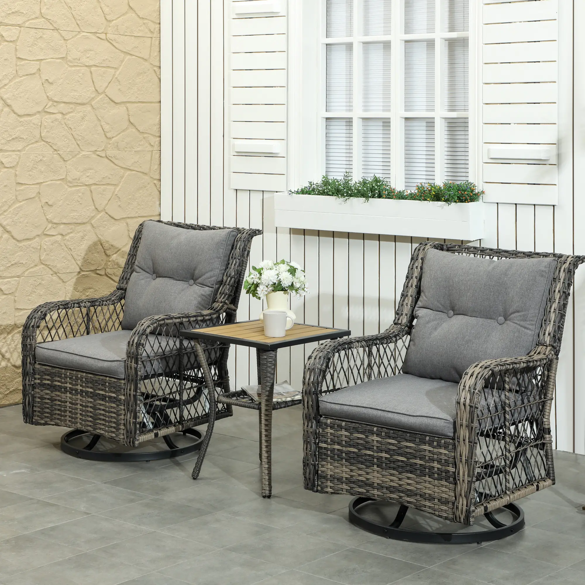 3 Piece Outdoor Bistro Set, Wicker Swivel Glider Chairs, Grey - Image 2