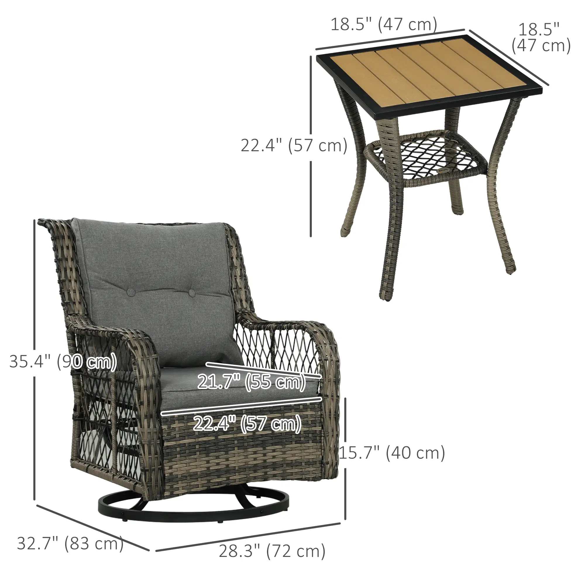 3 Piece Outdoor Bistro Set, Wicker Swivel Glider Chairs, Grey - Image 3