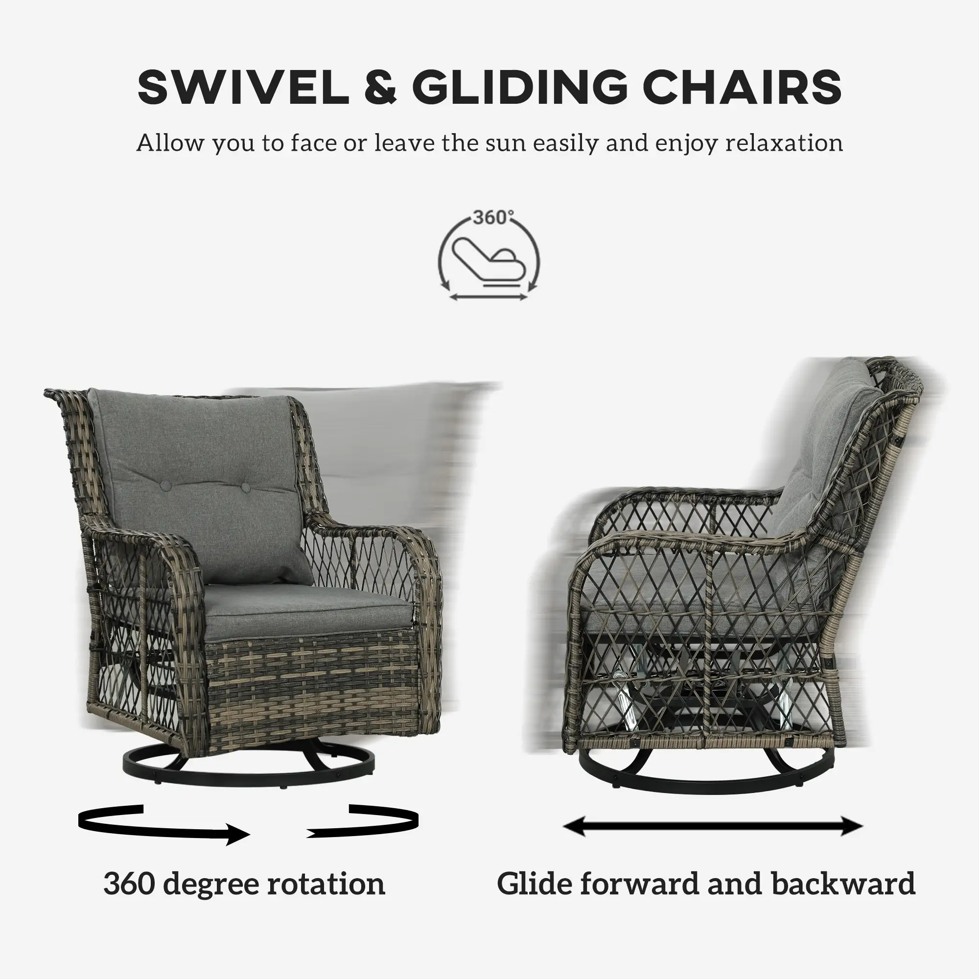 3 Piece Outdoor Bistro Set, Wicker Swivel Glider Chairs, Grey - Image 4