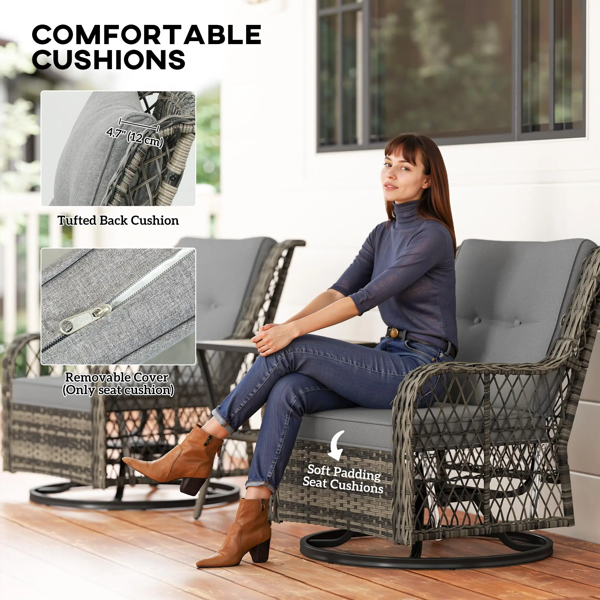 3 Piece Outdoor Bistro Set, Wicker Swivel Glider Chairs, Grey - Image 6