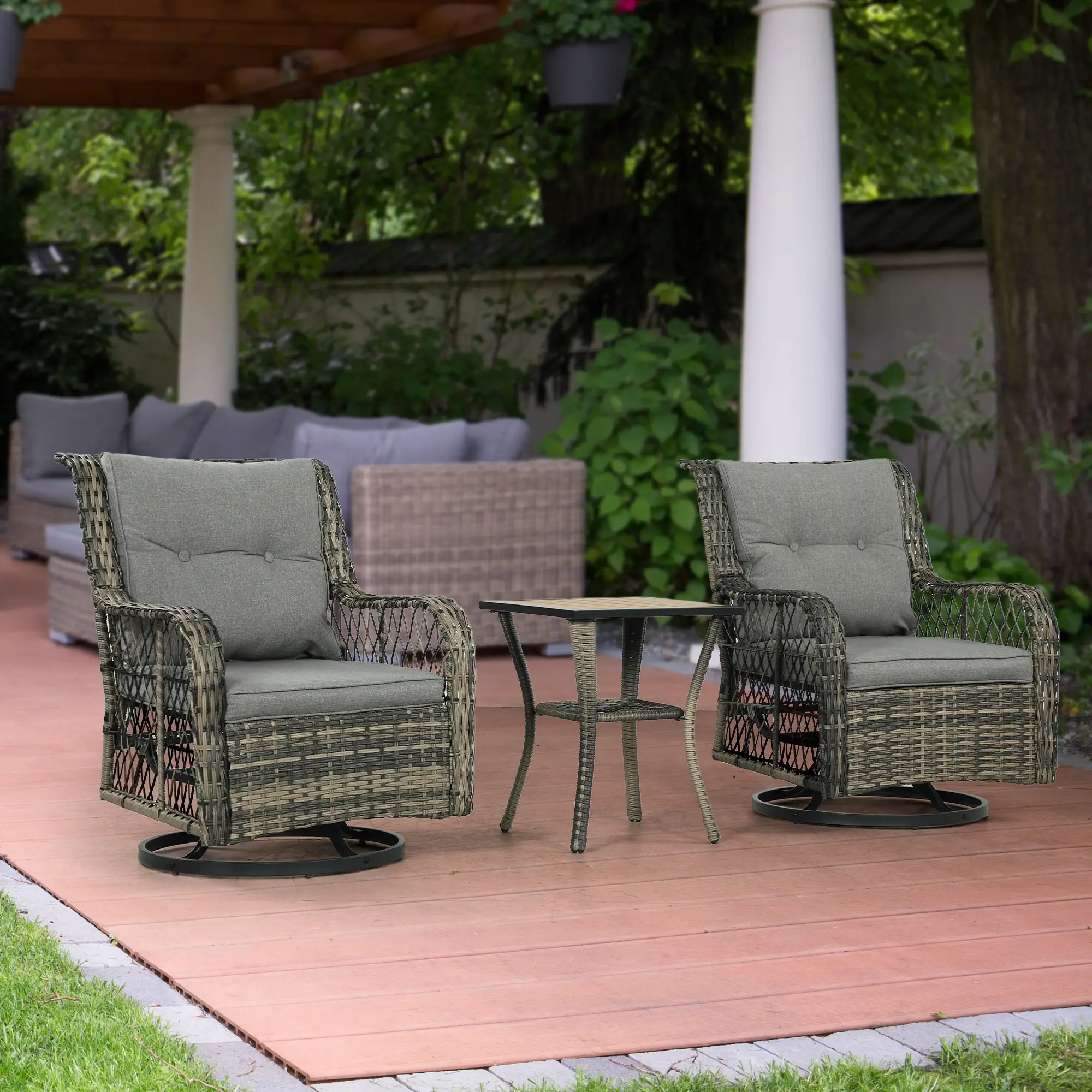 3 Piece Outdoor Bistro Set, Wicker Swivel Glider Chairs, Grey - Image 8