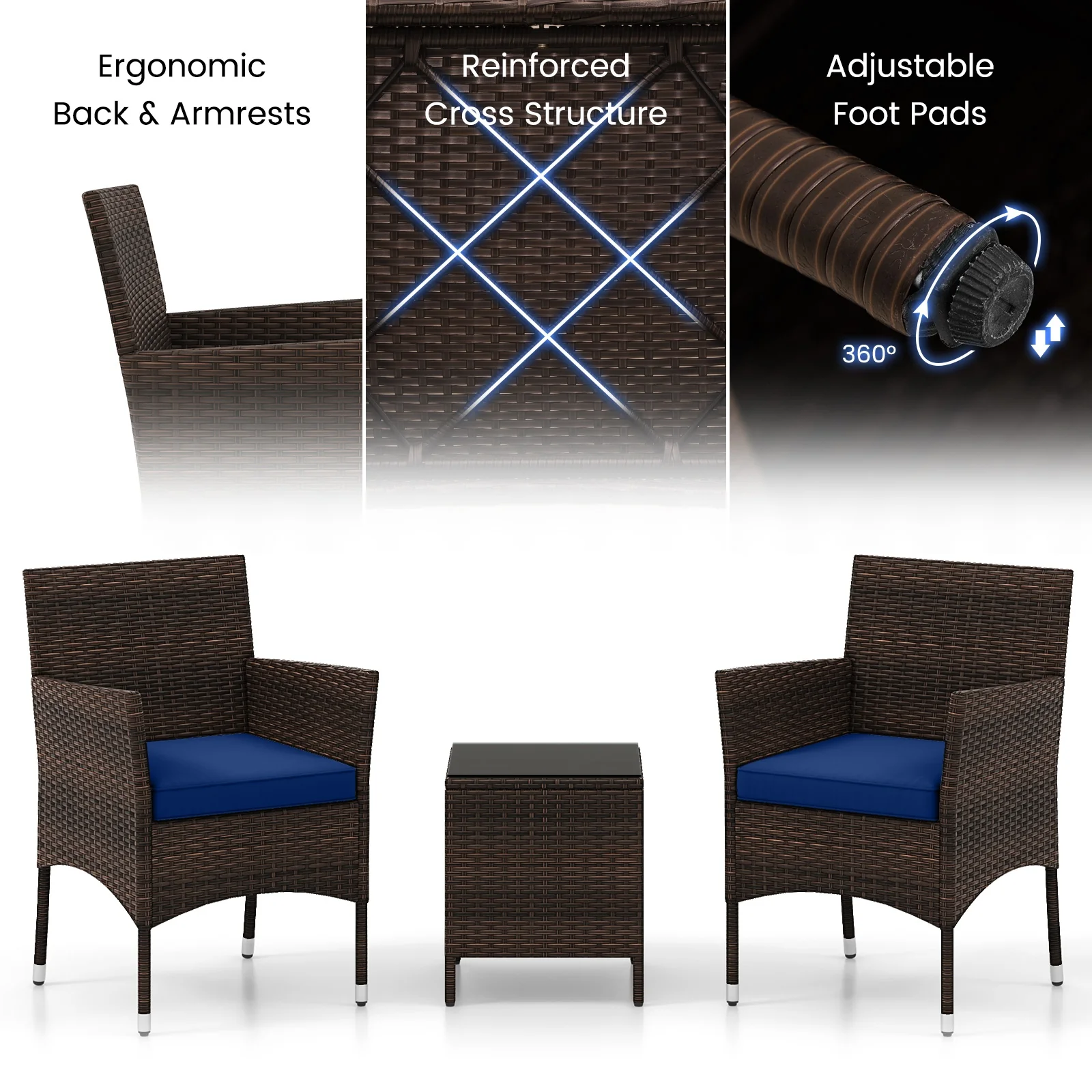 3 Piece Outdoor Conversation Set, Cushioned Seat, Glass Tabletop, Navy - Image 10