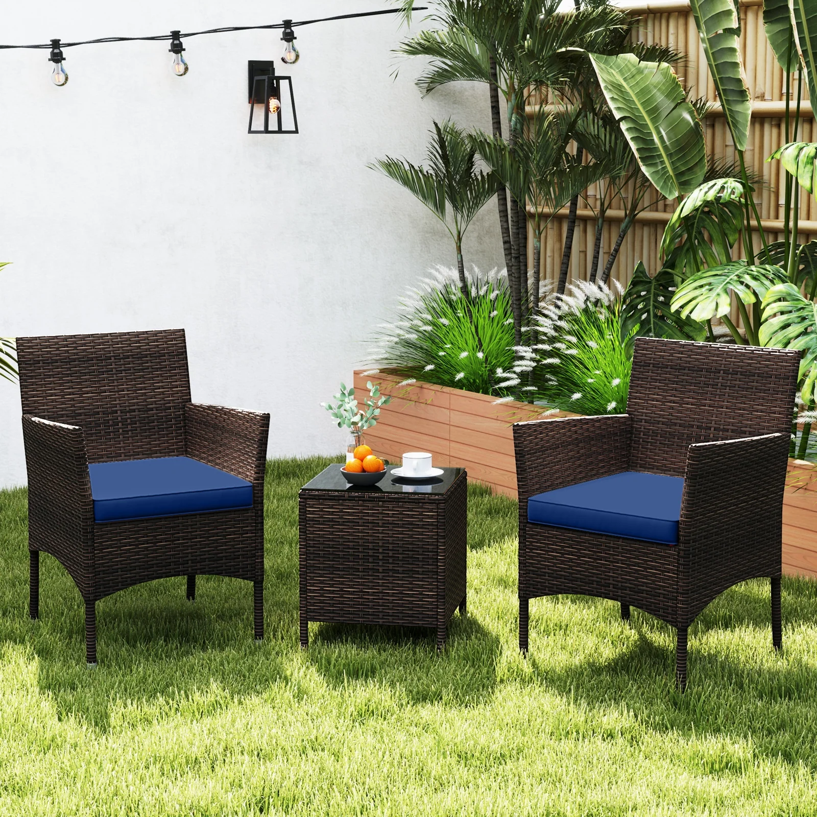 3 Piece Outdoor Conversation Set, Cushioned Seat, Glass Tabletop, Navy - Image 2