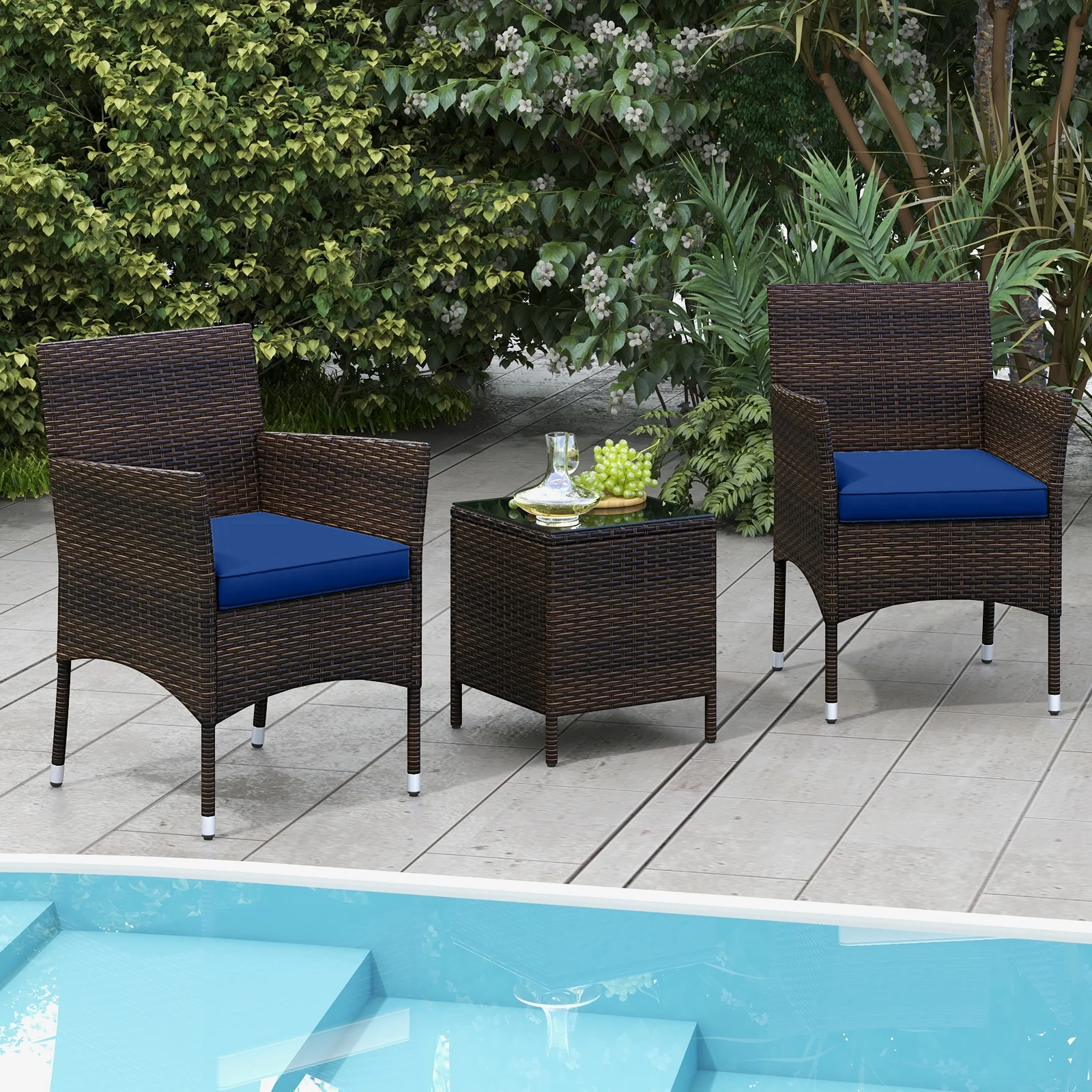 3 Piece Outdoor Conversation Set, Cushioned Seat, Glass Tabletop, Navy - Image 3