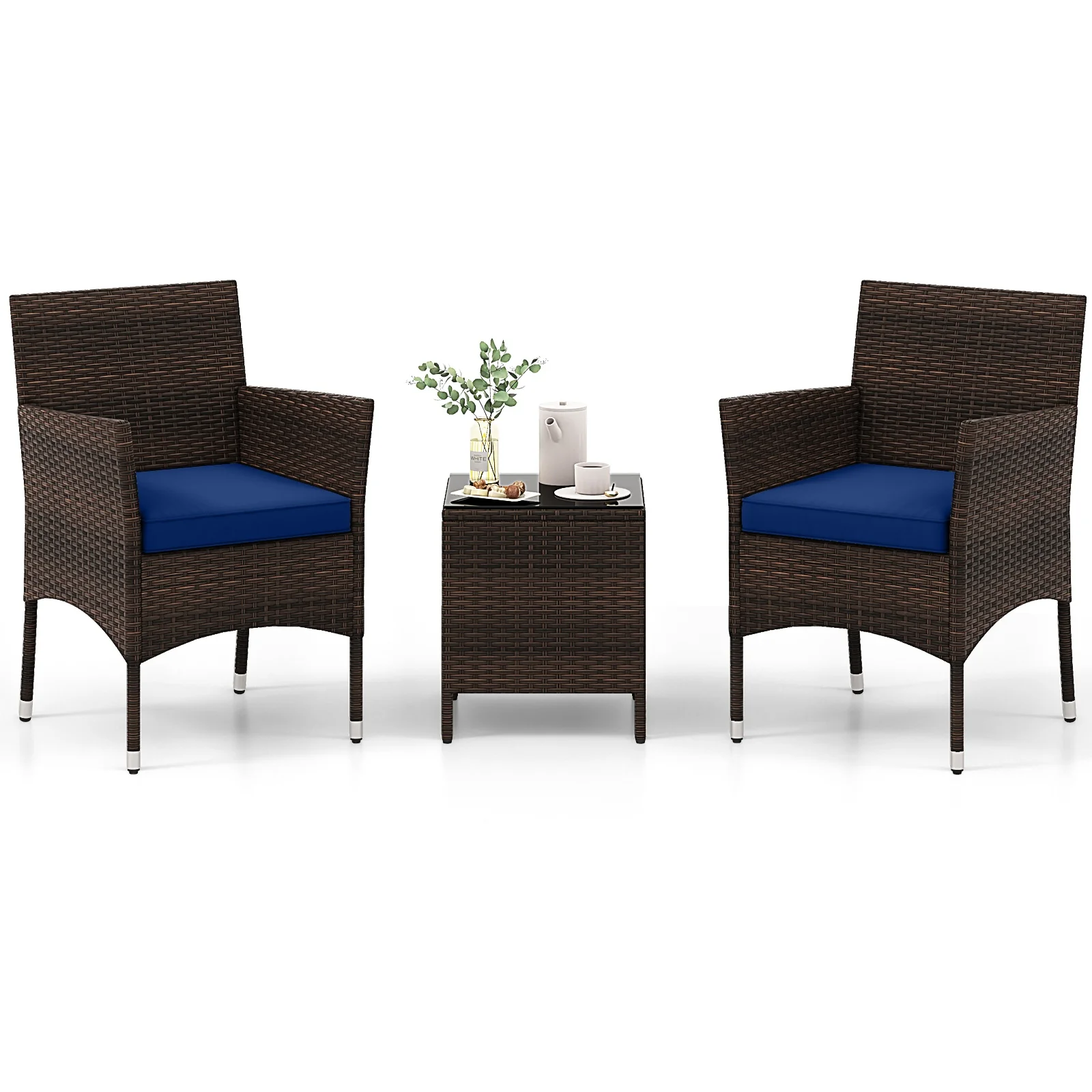 3 Piece Outdoor Conversation Set, Cushioned Seat, Glass Tabletop, Navy - Image 4