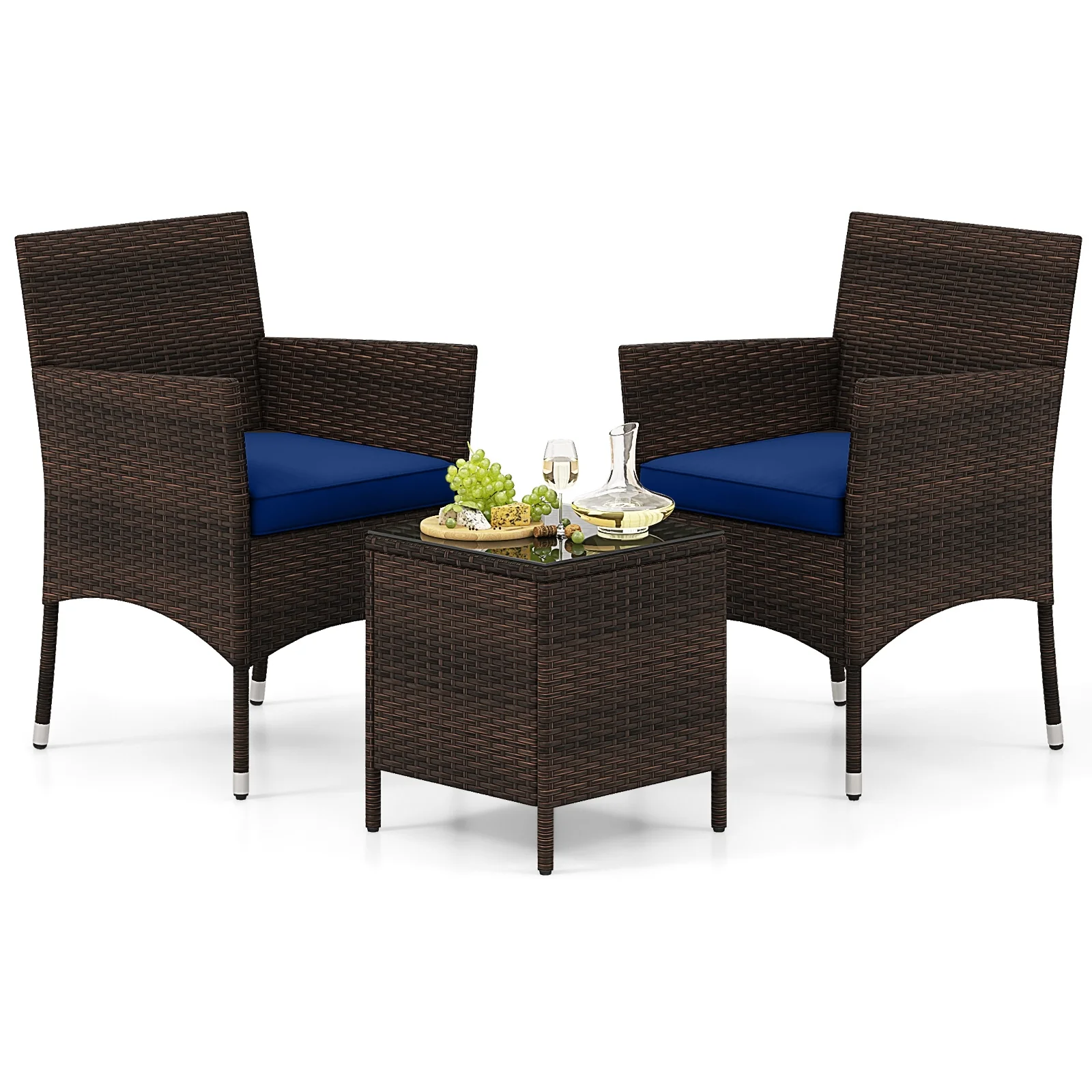 3 Piece Outdoor Conversation Set, Cushioned Seat, Glass Tabletop, Navy - Image 5