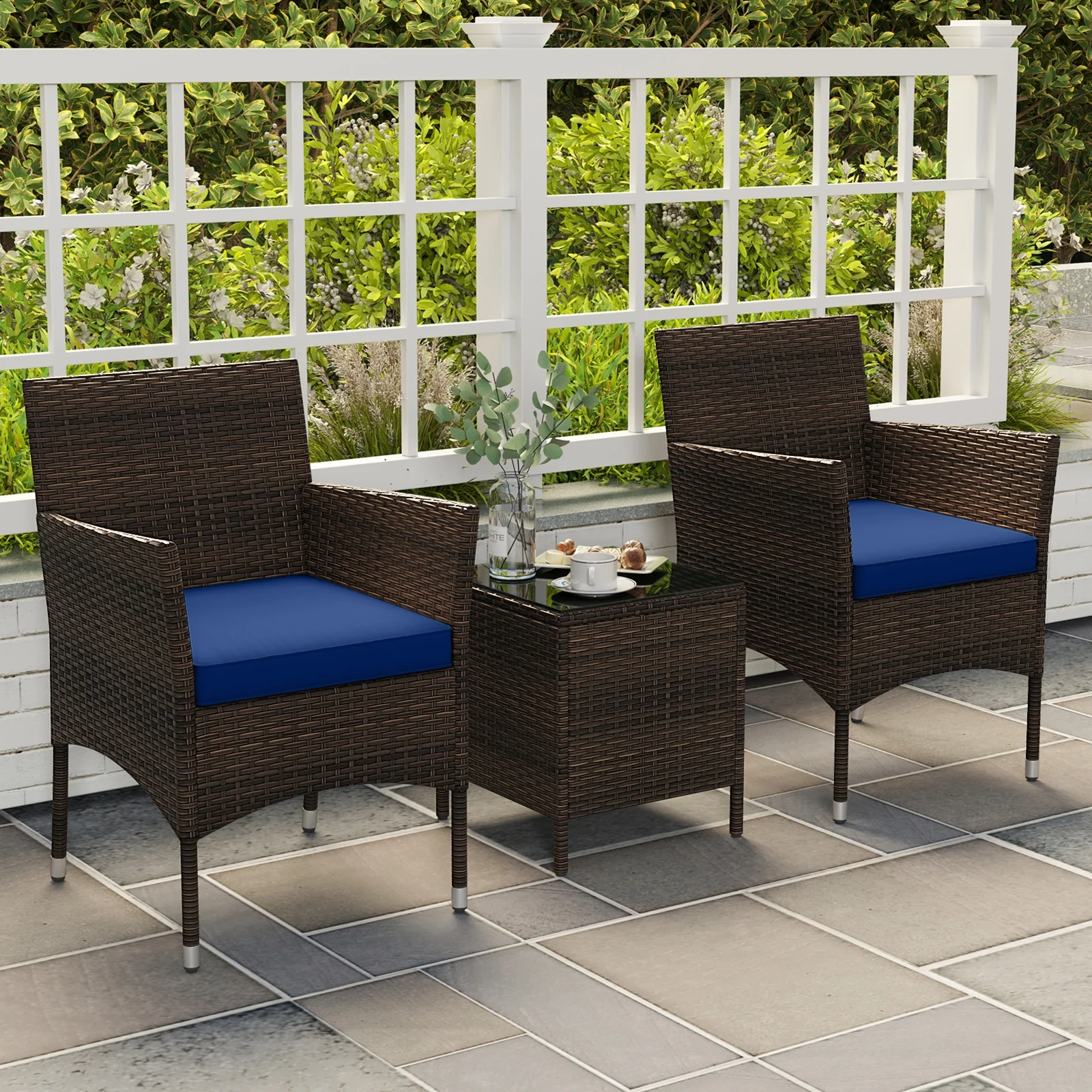 3 Piece Outdoor Conversation Set, Cushioned Seat, Glass Tabletop, Navy - Image 7