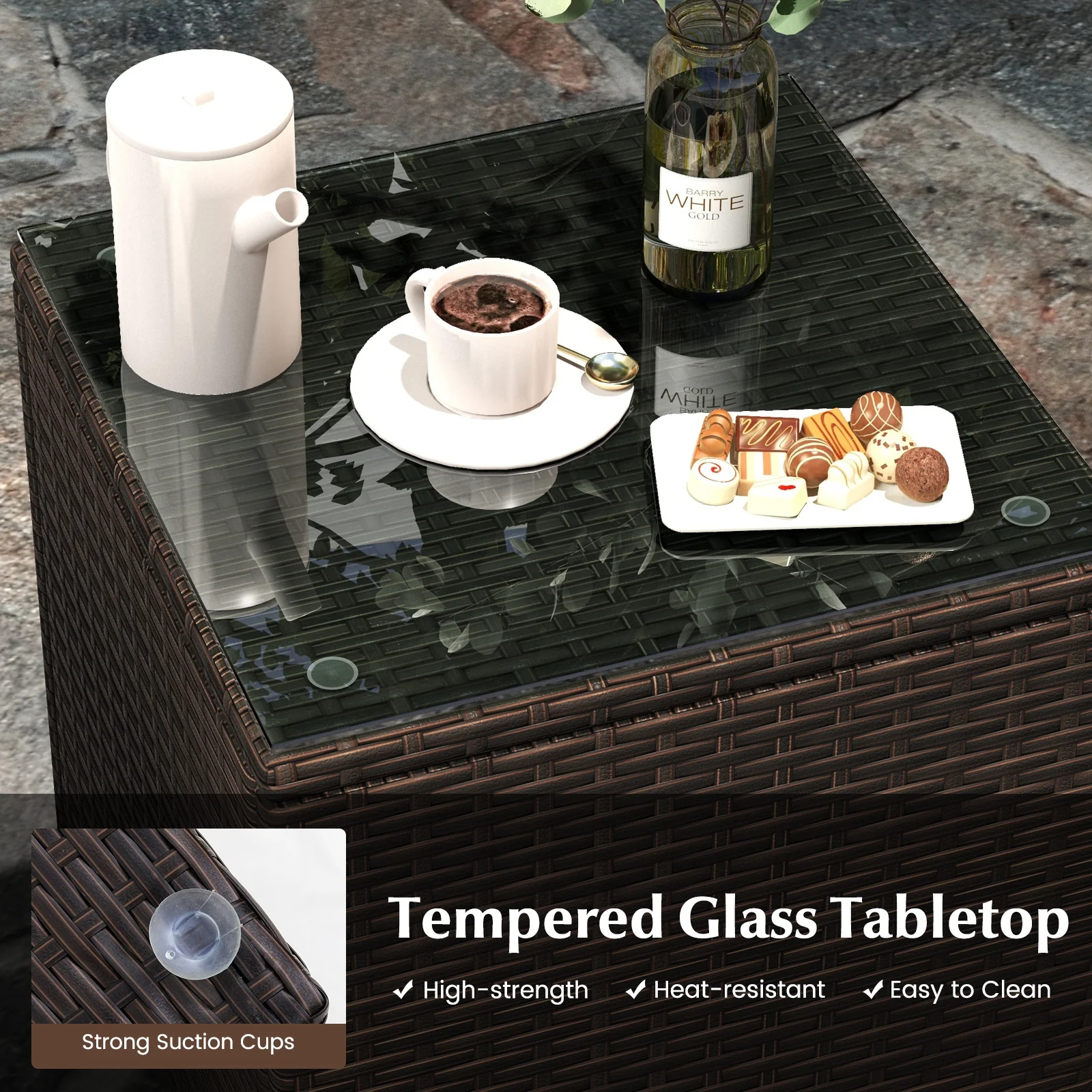 3 Piece Outdoor Conversation Set, Cushioned Seat, Glass Tabletop, Navy - Image 9