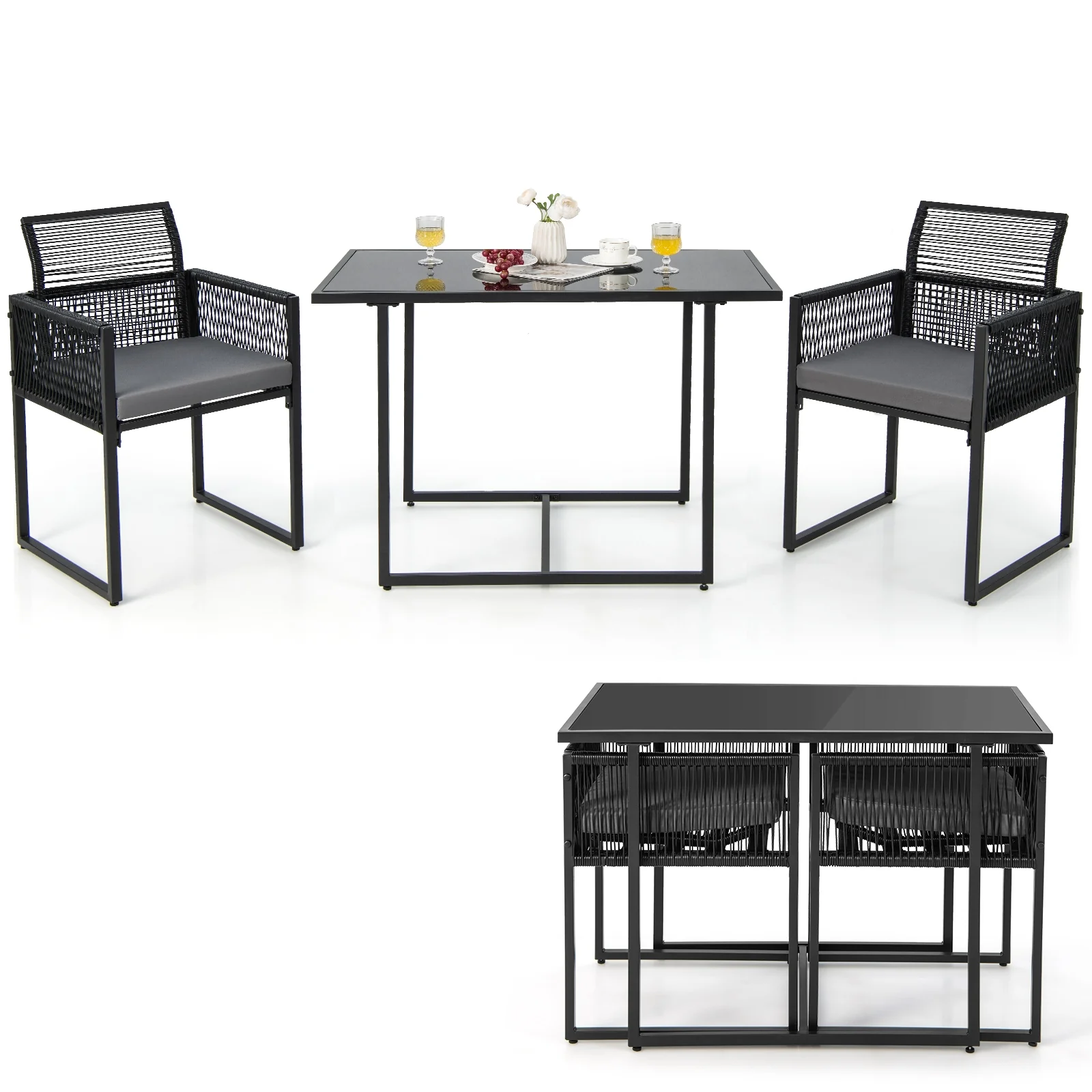 3-Piece Outdoor Dining Set, Folding Backrest, Seat Cushions, Black - Image 5