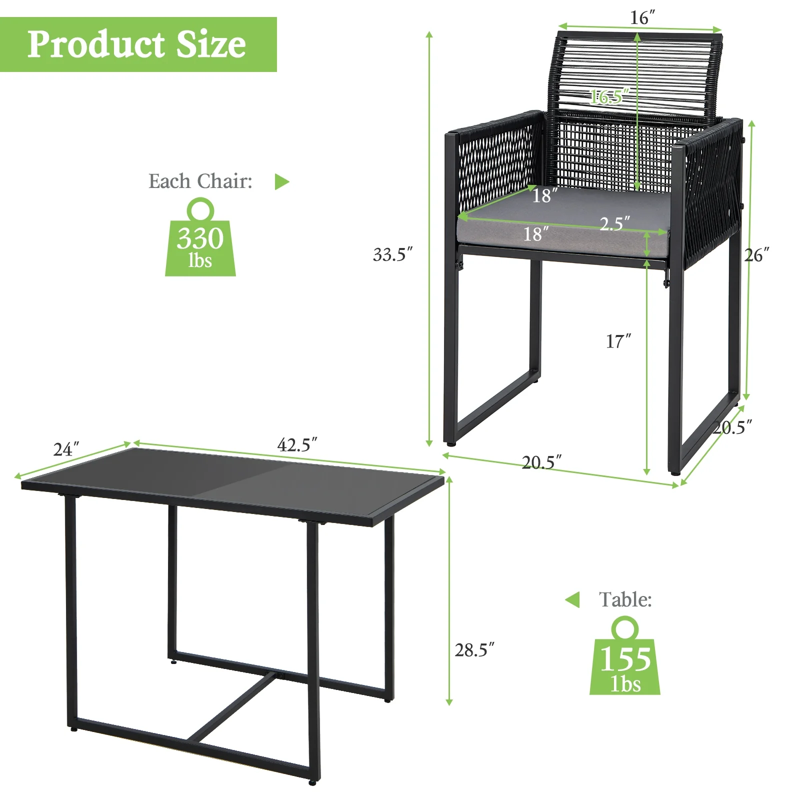3-Piece Outdoor Dining Set, Folding Backrest, Seat Cushions, Black - Image 6