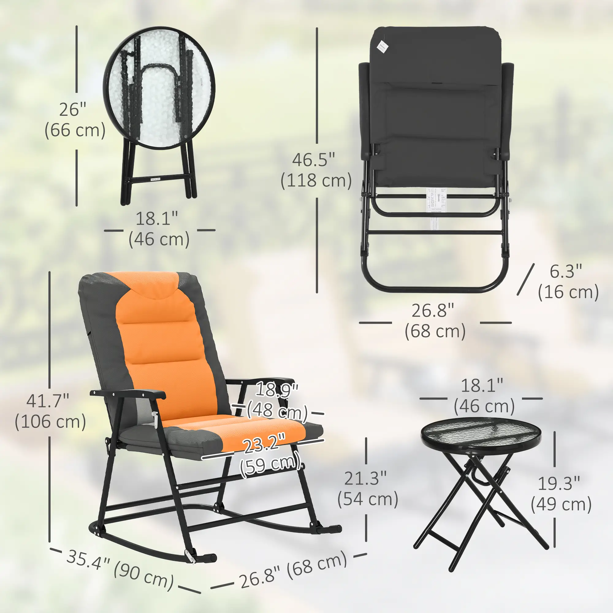 3-Piece Outdoor Foldable Rocking Chair Set, Orange - Image 3