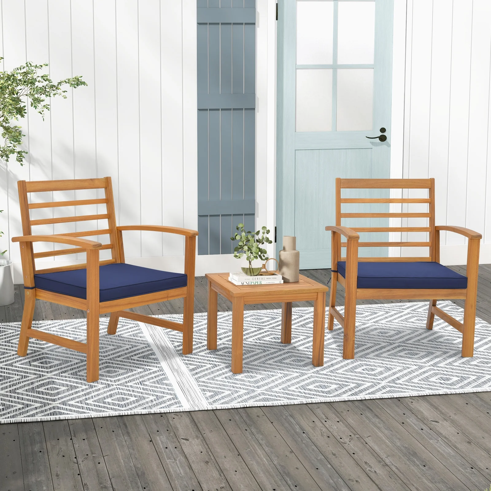 3 Piece Outdoor Furniture Set, Soft Seat Cushions, Navy - Image 2