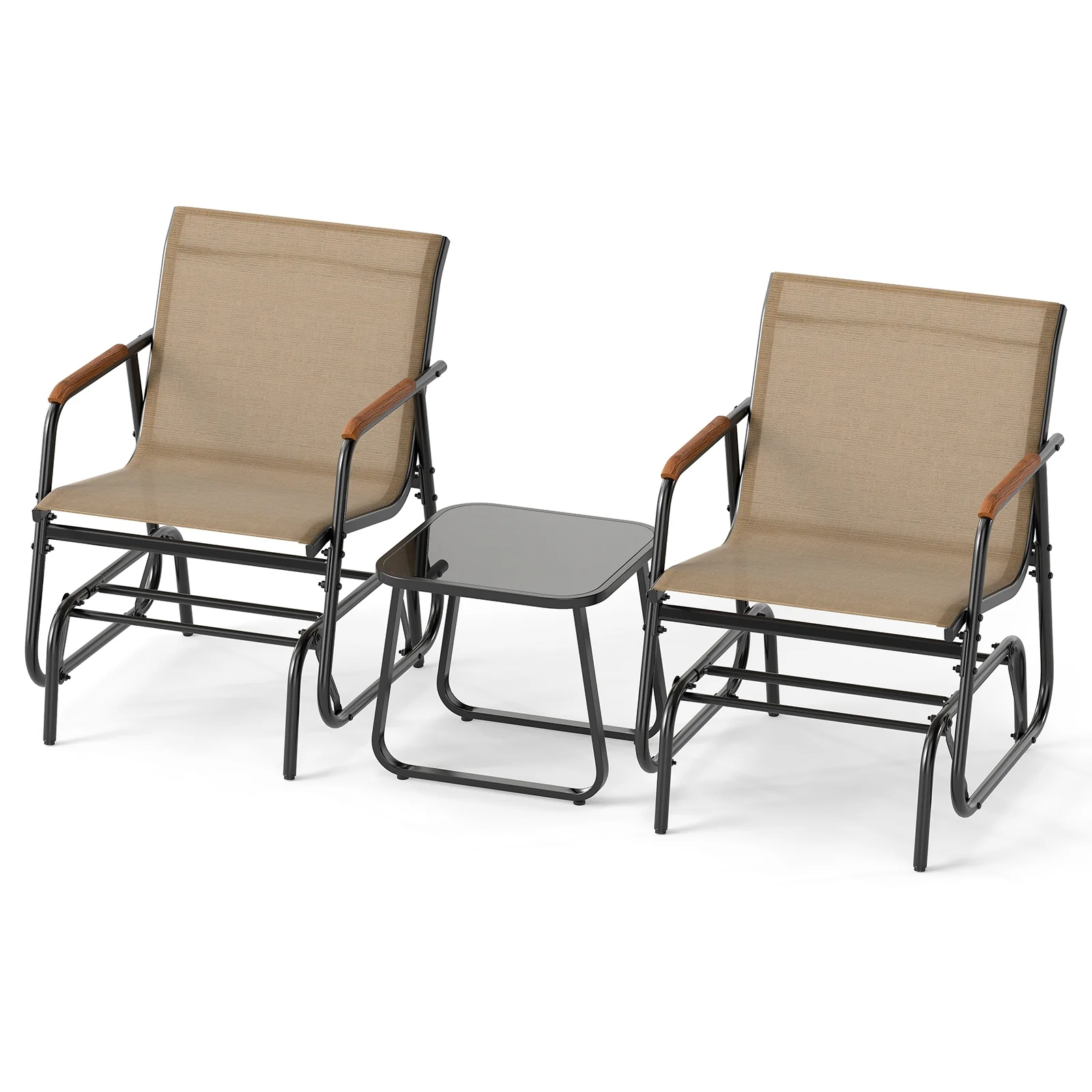 3-Piece Outdoor Glider Bistro Set, Tempered Glass Top, Metal Frame, Coffee