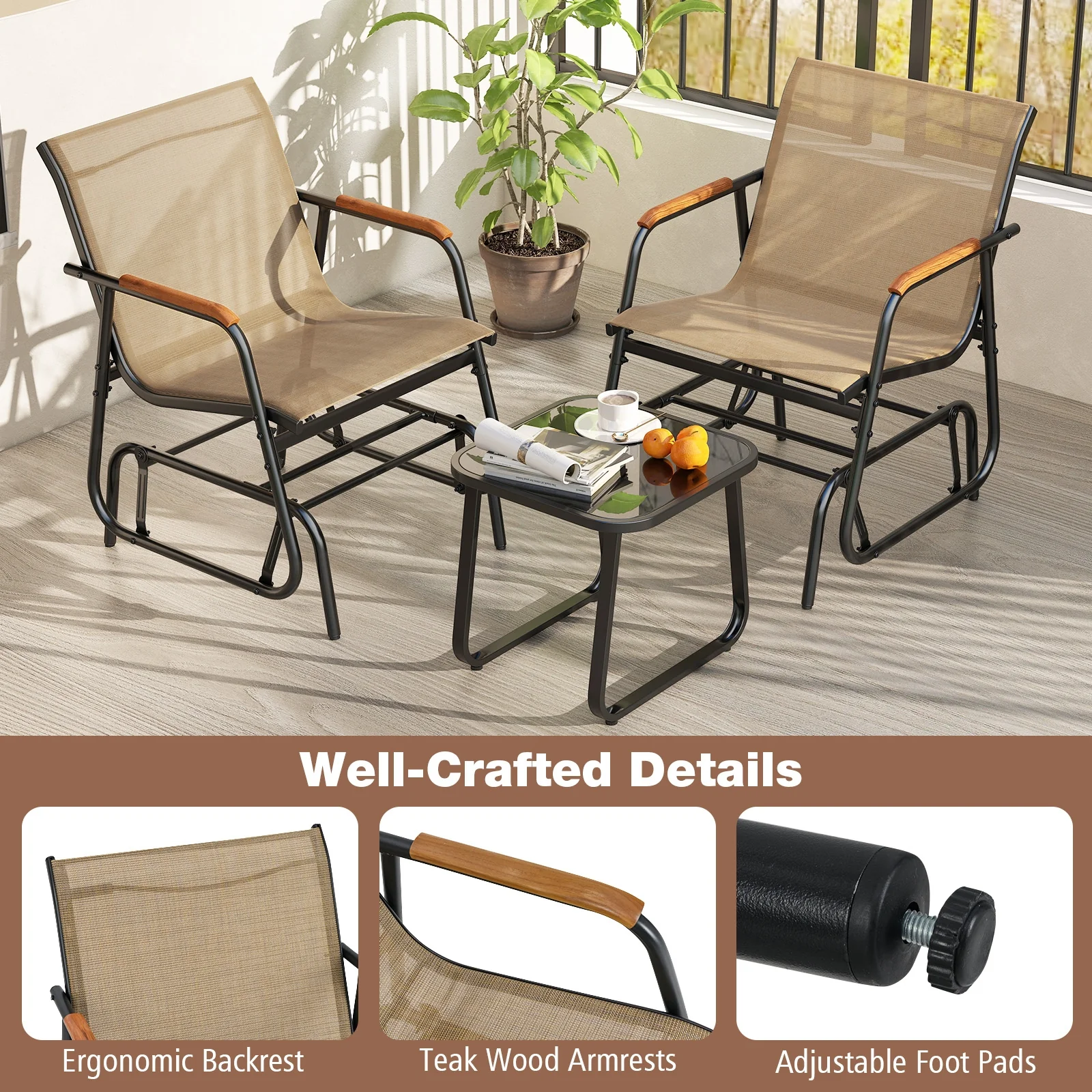 3-Piece Outdoor Glider Bistro Set, Tempered Glass Top, Metal Frame, Coffee - Image 10
