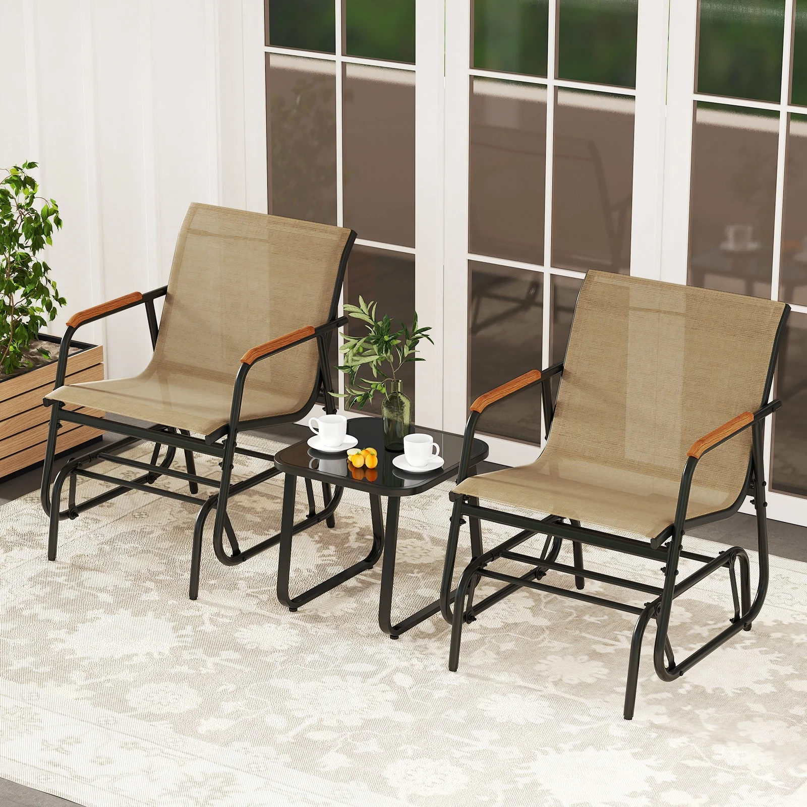 3-Piece Outdoor Glider Bistro Set, Tempered Glass Top, Metal Frame, Coffee - Image 2