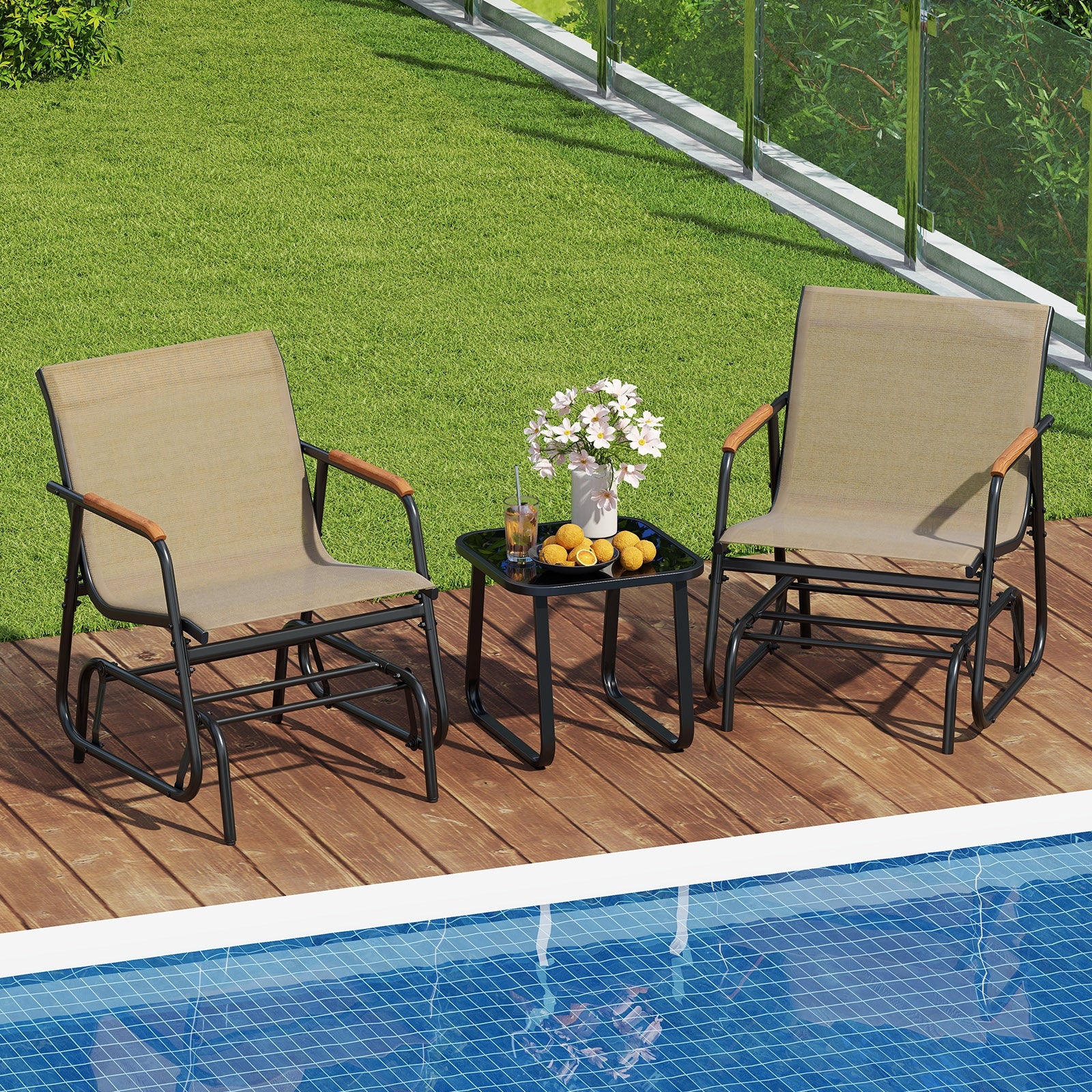 3-Piece Outdoor Glider Bistro Set, Tempered Glass Top, Metal Frame, Coffee - Image 3