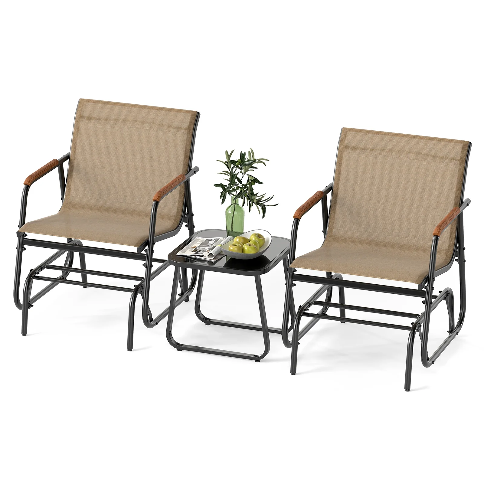 3-Piece Outdoor Glider Bistro Set, Tempered Glass Top, Metal Frame, Coffee - Image 5