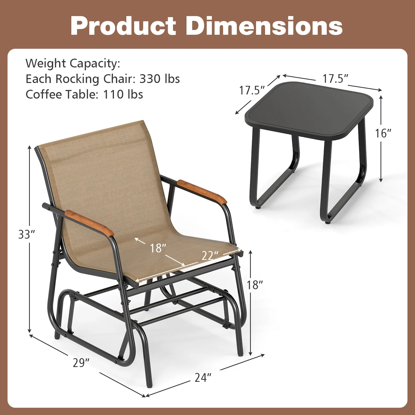 3-Piece Outdoor Glider Bistro Set, Tempered Glass Top, Metal Frame, Coffee - Image 6