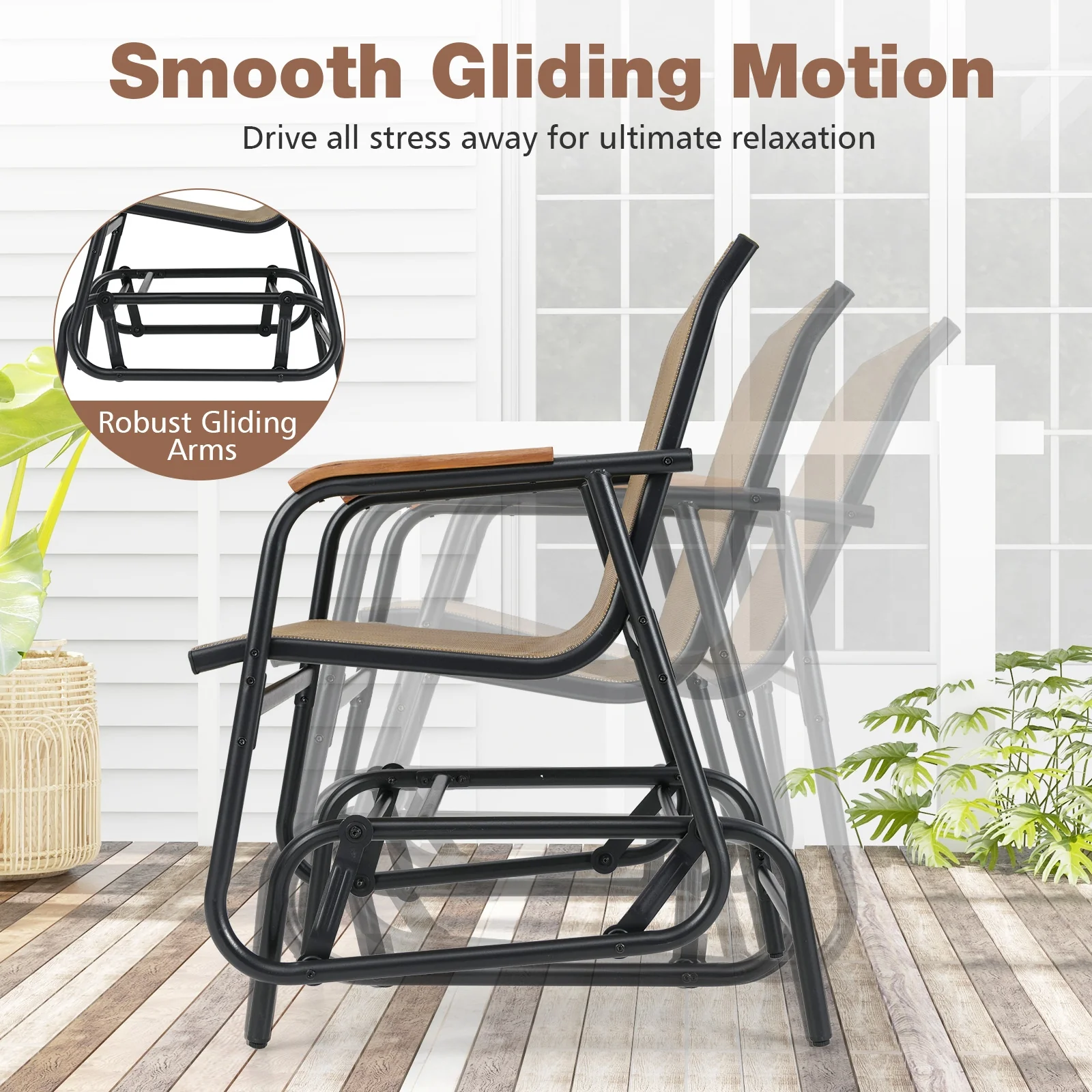 3-Piece Outdoor Glider Bistro Set, Tempered Glass Top, Metal Frame, Coffee - Image 7