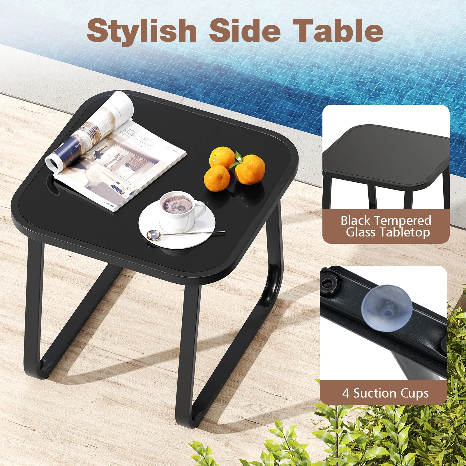 3-Piece Outdoor Glider Bistro Set, Tempered Glass Top, Metal Frame, Coffee - Image 9