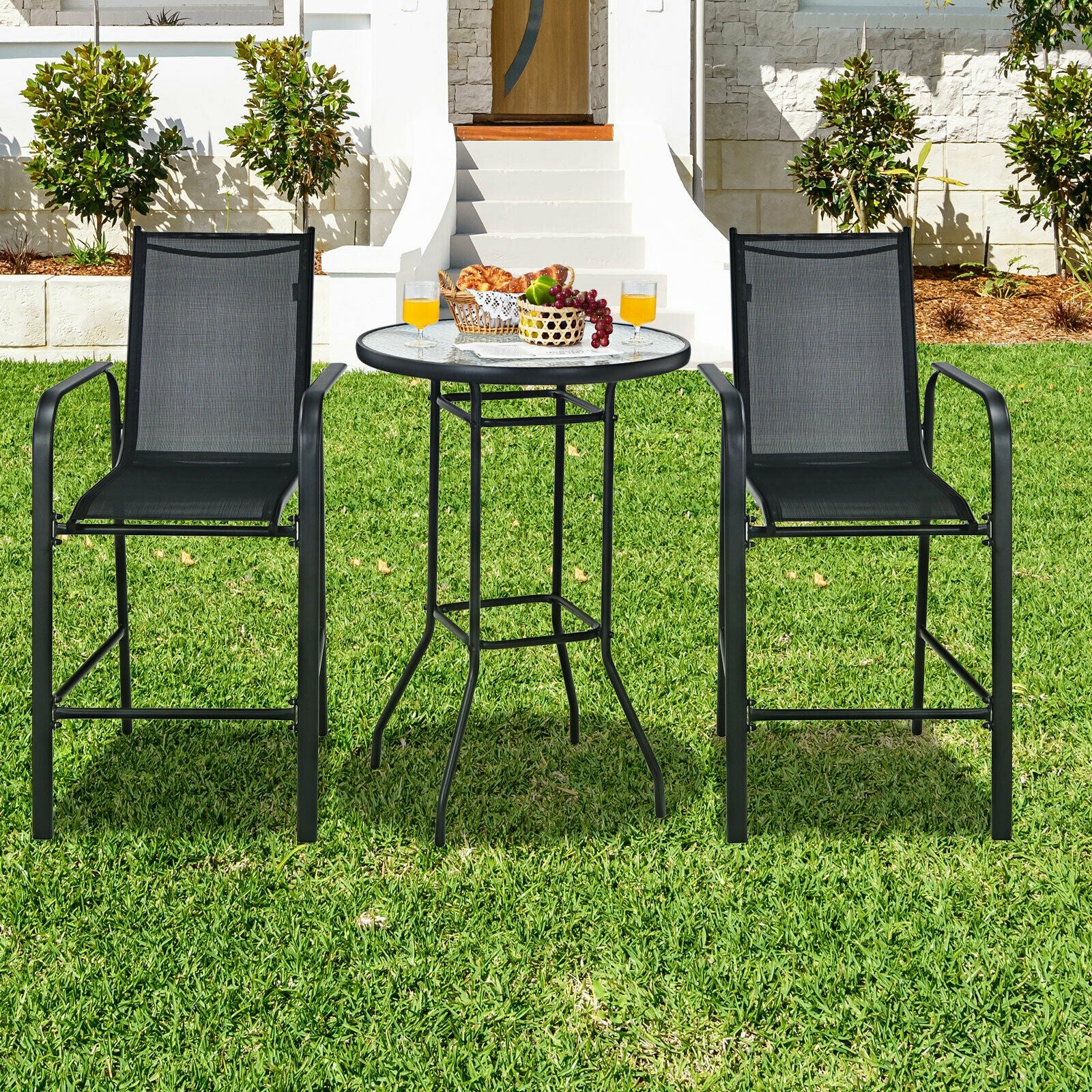 3 Piece Outdoor Patio Bar Table Stool Set, Black - Image 2