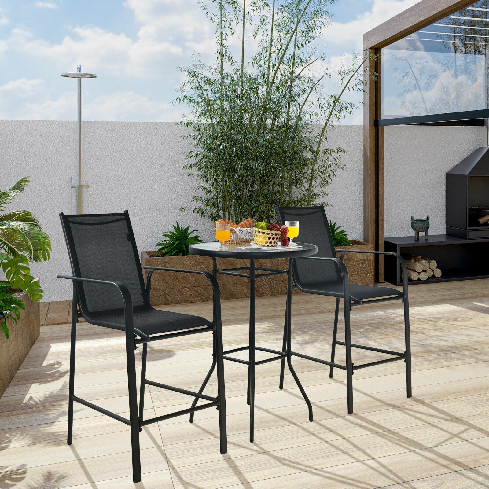 3 Piece Outdoor Patio Bar Table Stool Set, Black - Image 3