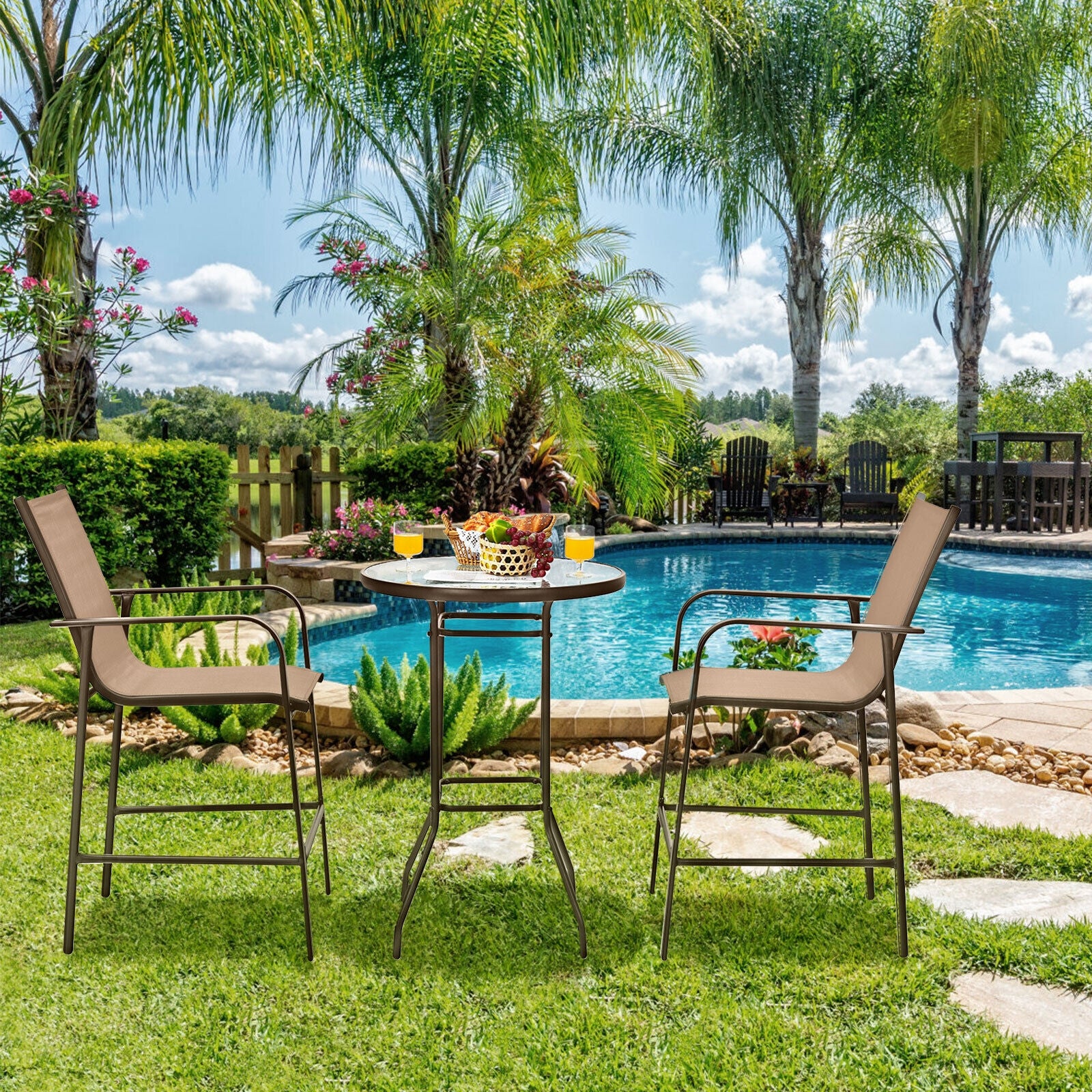 3 Piece Outdoor Patio Bar Table Stool Set, Brown - Image 7