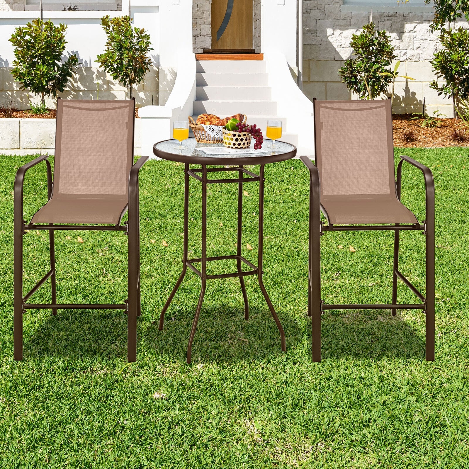 3 Piece Outdoor Patio Bar Table Stool Set, Brown - Image 8