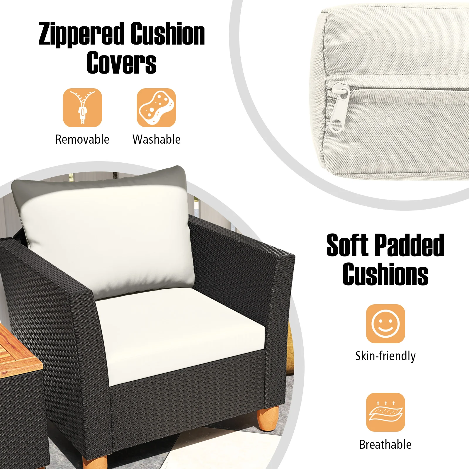 3-Piece Outdoor Patio PE Rattan Furniture Set, Coffee Table, White - Image 10