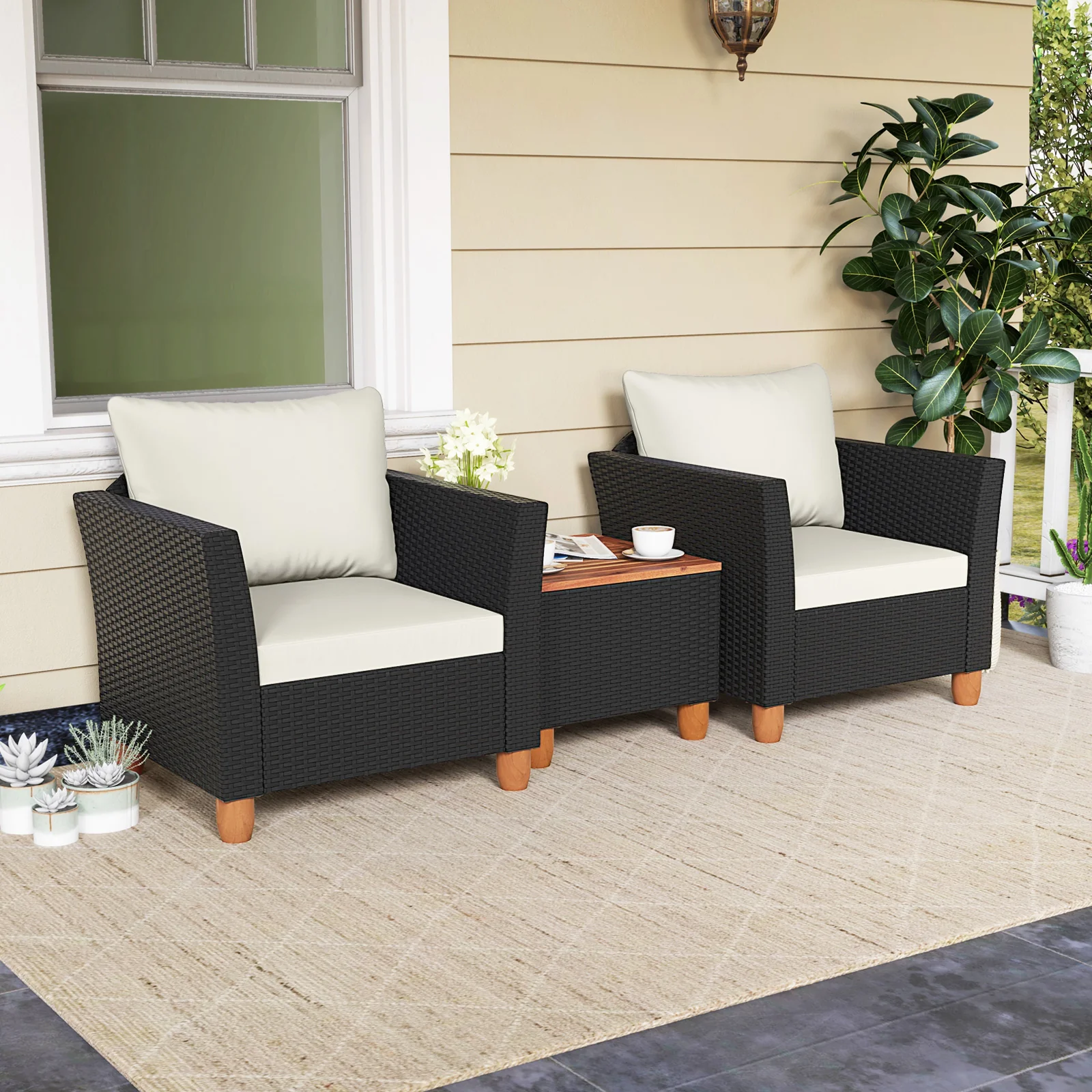 3-Piece Outdoor Patio PE Rattan Furniture Set, Coffee Table, White - Image 2