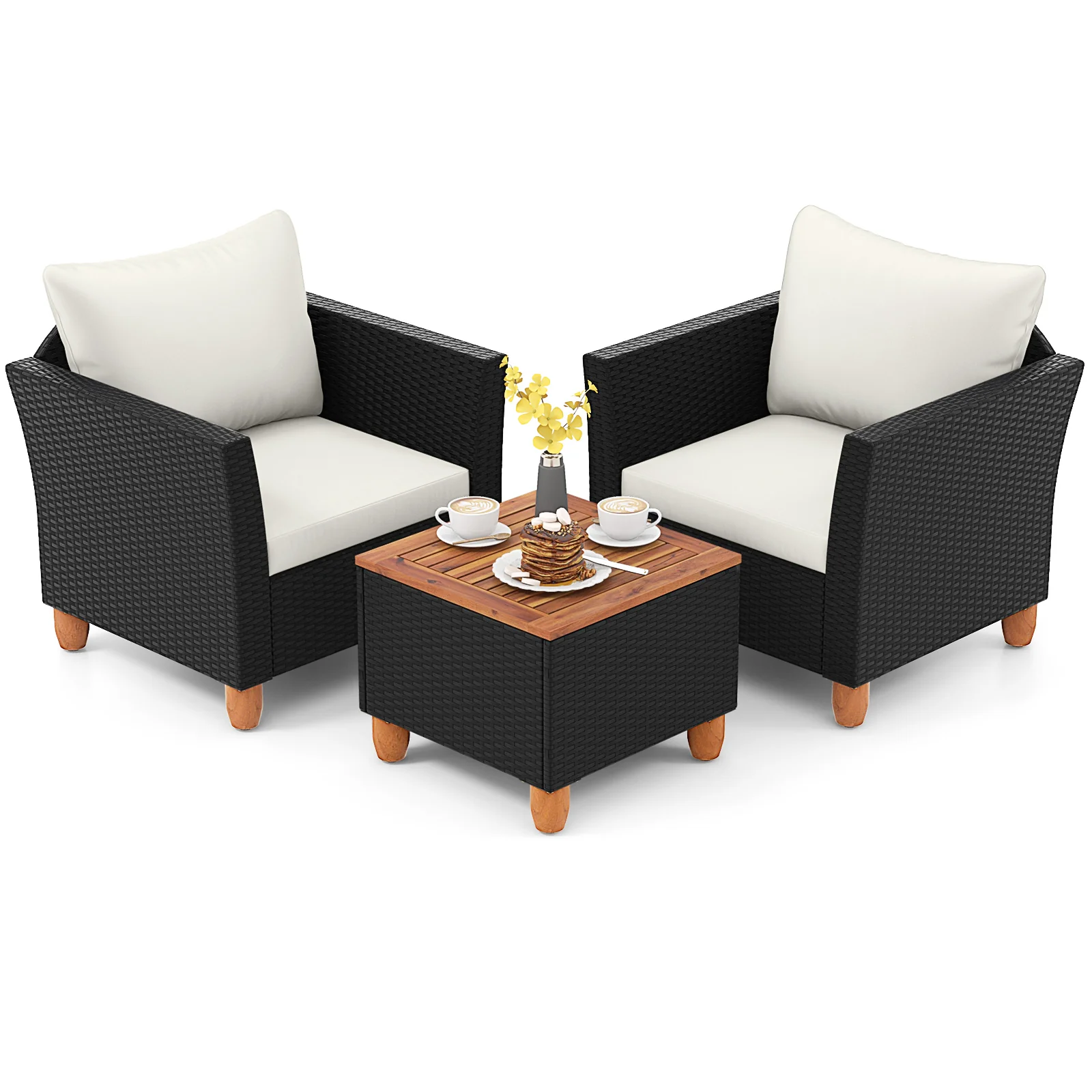 3-Piece Outdoor Patio PE Rattan Furniture Set, Coffee Table, White - Image 5