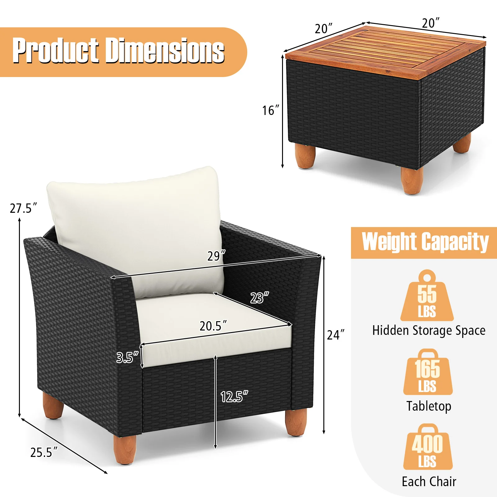 3-Piece Outdoor Patio PE Rattan Furniture Set, Coffee Table, White - Image 6