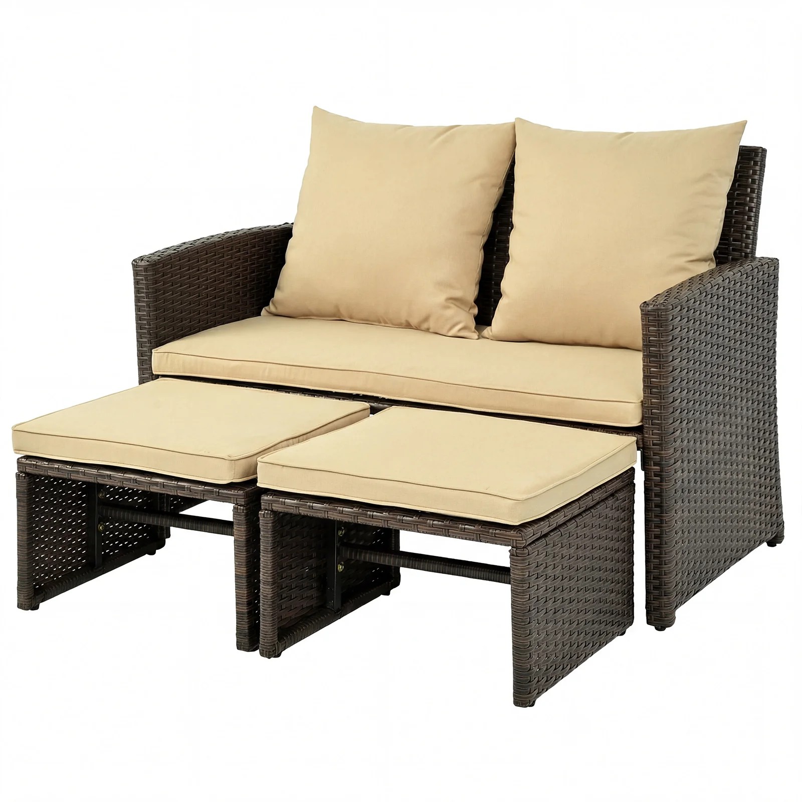3 Piece Outdoor Patio PE Wicker Furniture Set, With Cushions, Beige