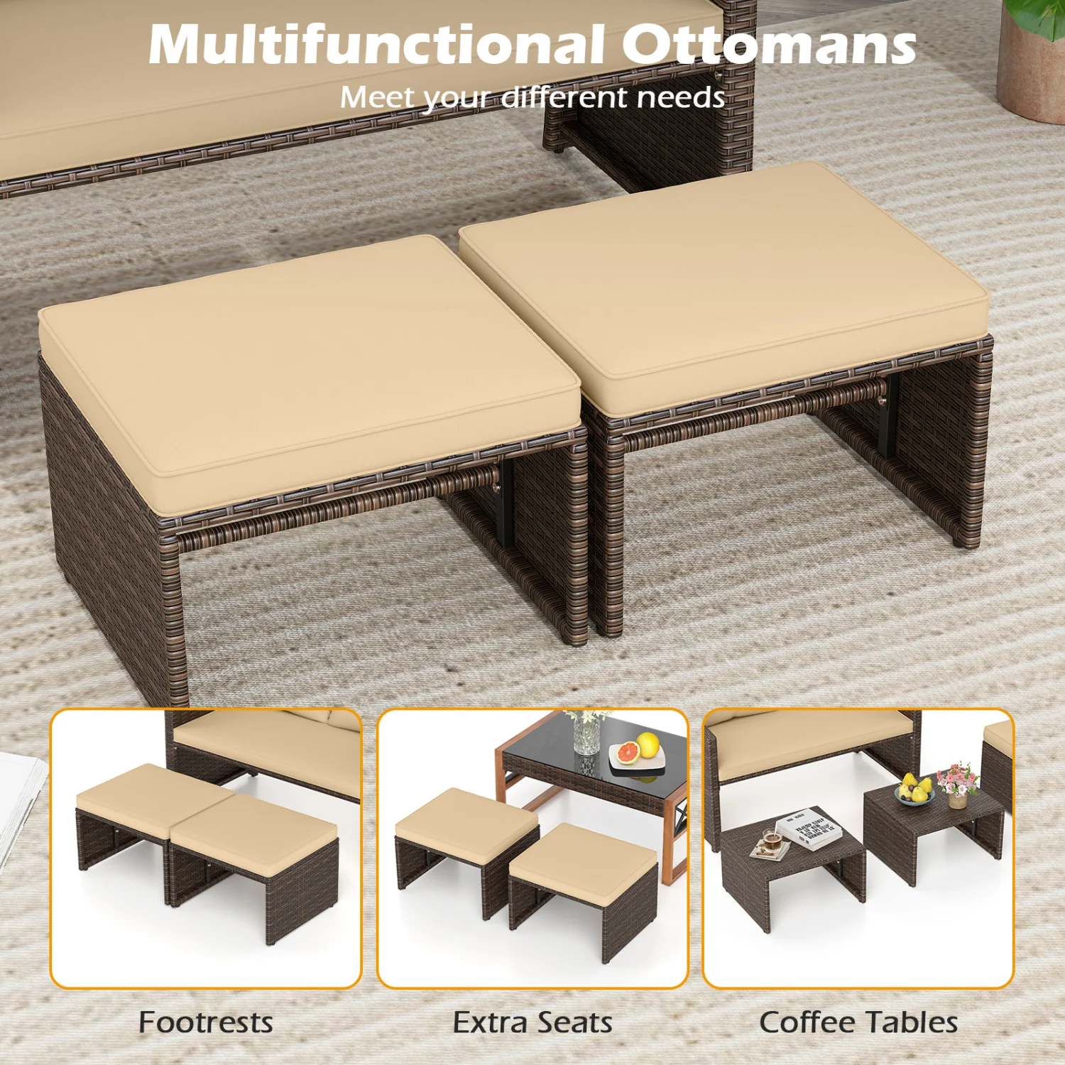 3 Piece Outdoor Patio PE Wicker Furniture Set, With Cushions, Beige - Image 10