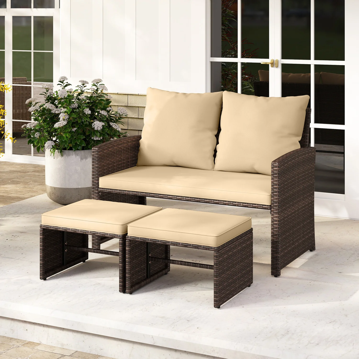 3 Piece Outdoor Patio PE Wicker Furniture Set, With Cushions, Beige - Image 2