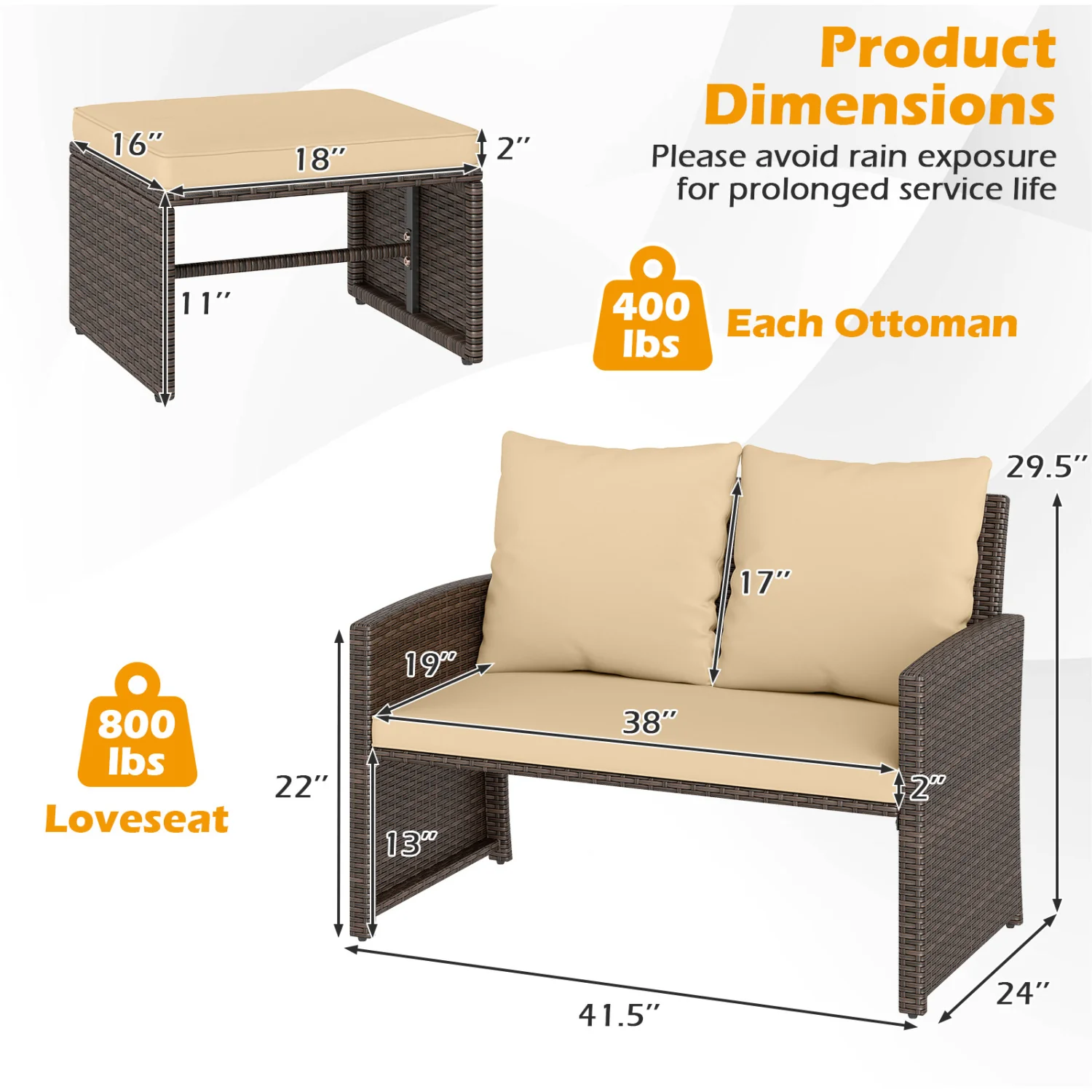 3 Piece Outdoor Patio PE Wicker Furniture Set, With Cushions, Beige - Image 6