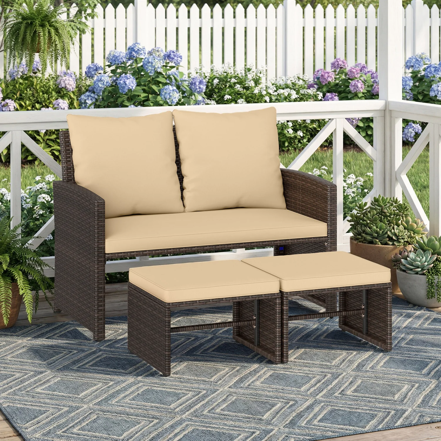 3 Piece Outdoor Patio PE Wicker Furniture Set, With Cushions, Beige - Image 7