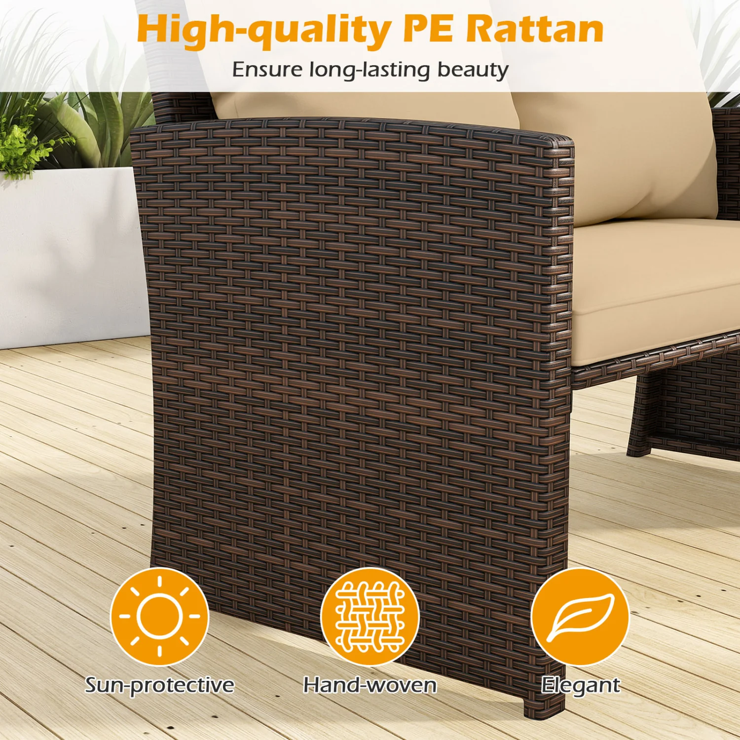 3 Piece Outdoor Patio PE Wicker Furniture Set, With Cushions, Beige - Image 8
